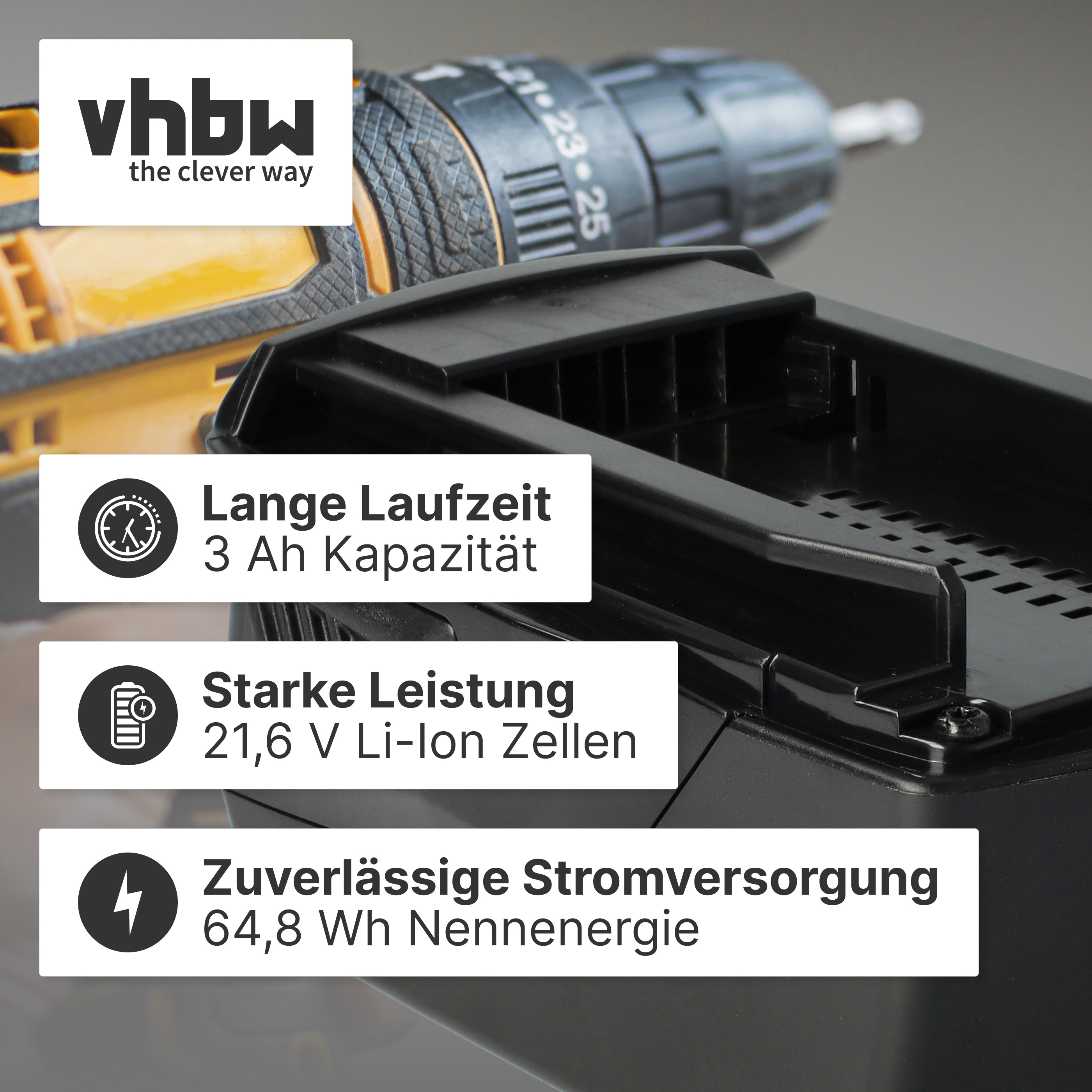 Werkzeugakku mit drei weißen Infoboxen: Lange Laufzeit, Starke Leistung, Zuverlässige Stromversorgung.