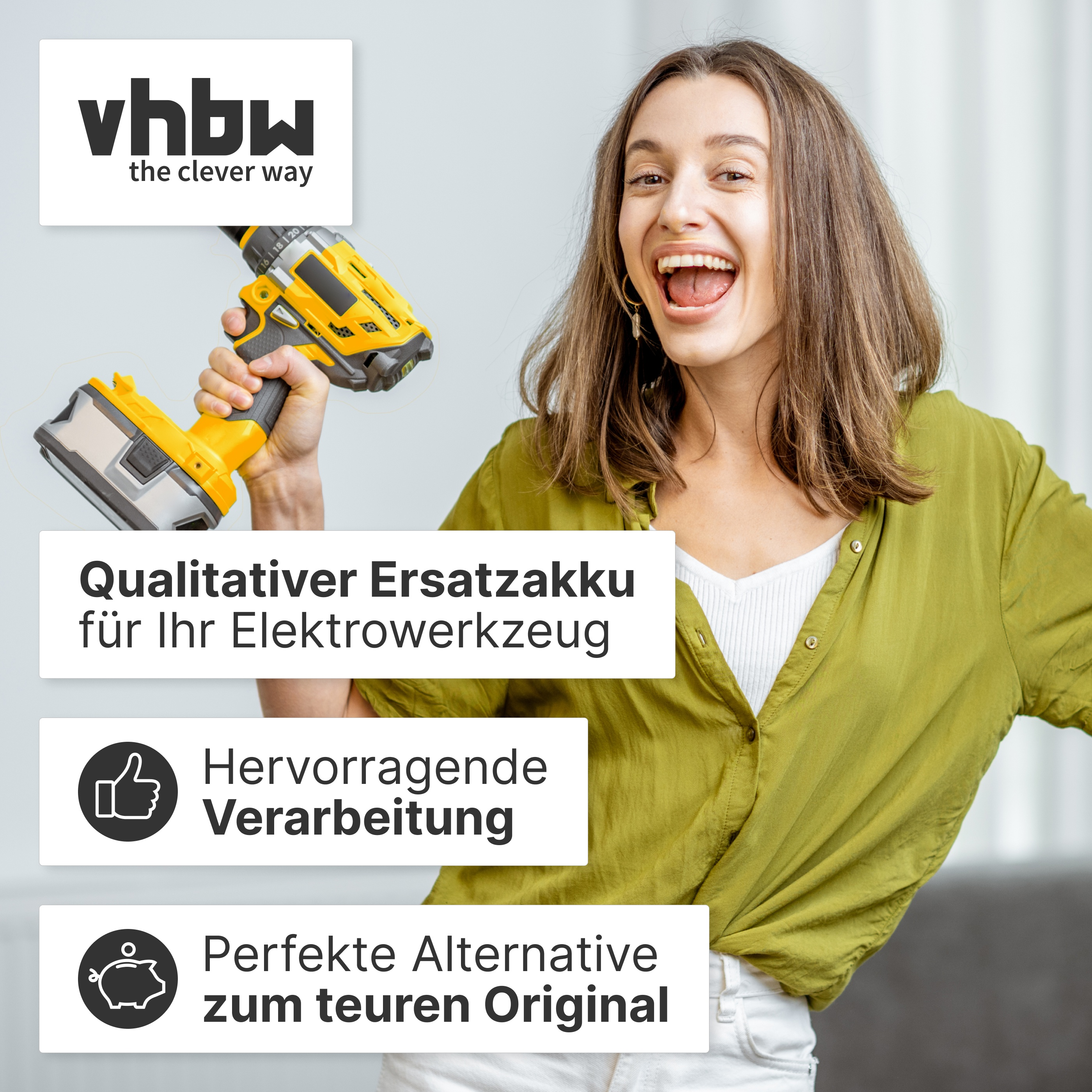 Frau hält einen gelben Akkuschrauber. "vhbw" Logo oben links.