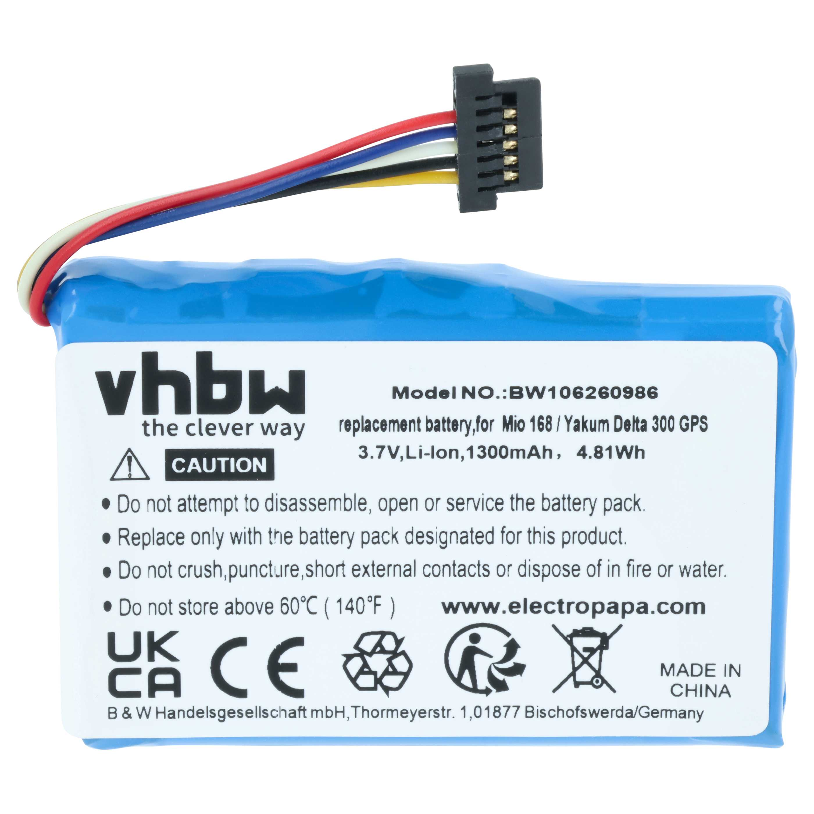 Blauer Akku mit Kabel und Stecker, 3.7V, 1300mAh, für GPS-Geräte.