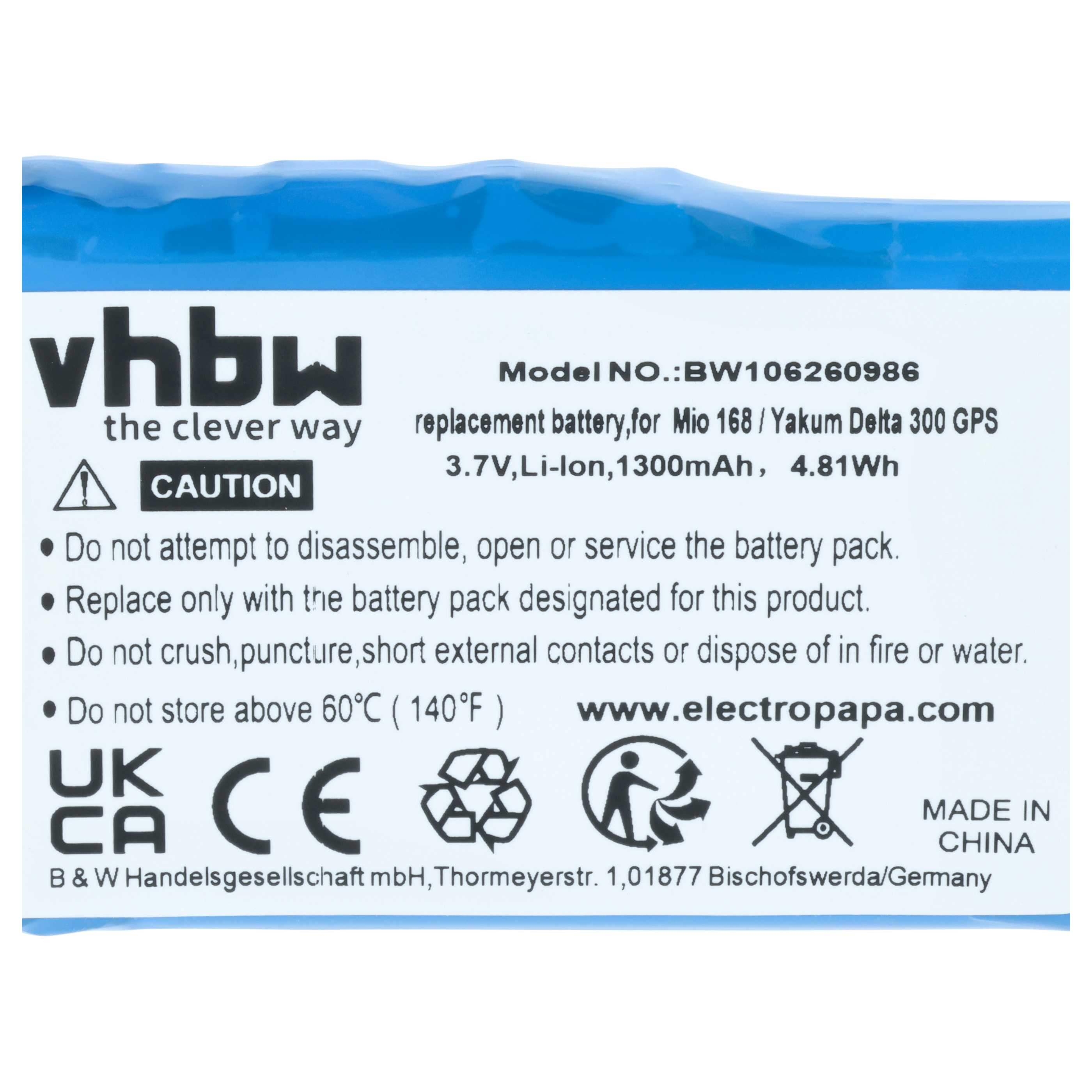 vhbw Ersatzakku für Mio 168/Yakum Delta 300 GPS, 3.7V, 1300mAh, 4.81Wh.