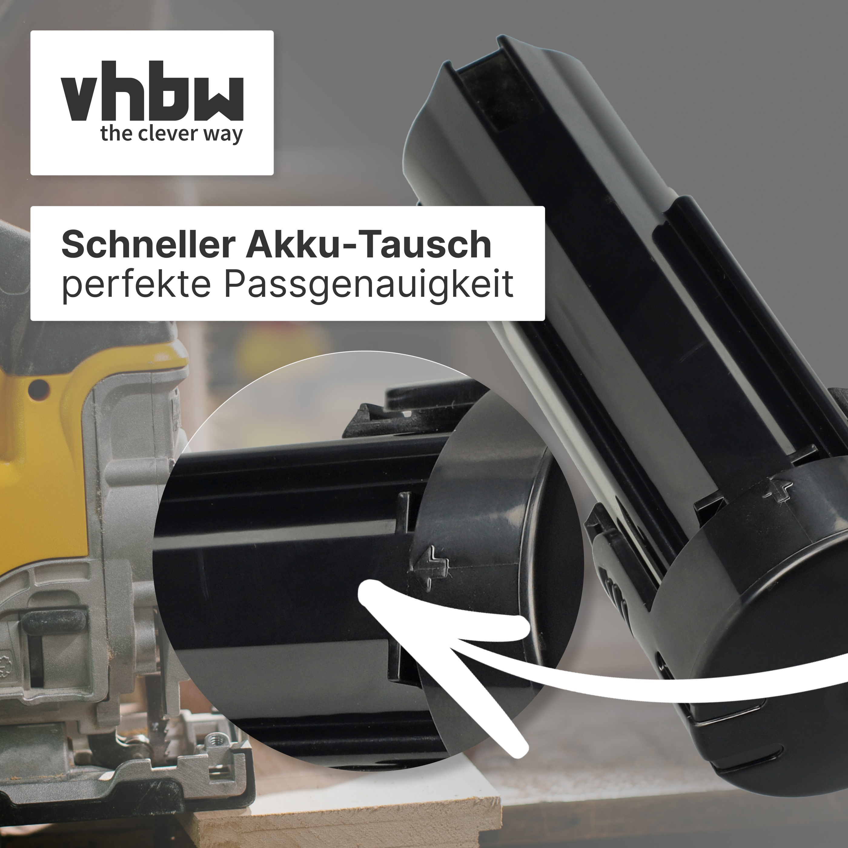 Gelber Elektrowerkzeug-Akkuschrauber mit schwarzem Aufsatz daneben.