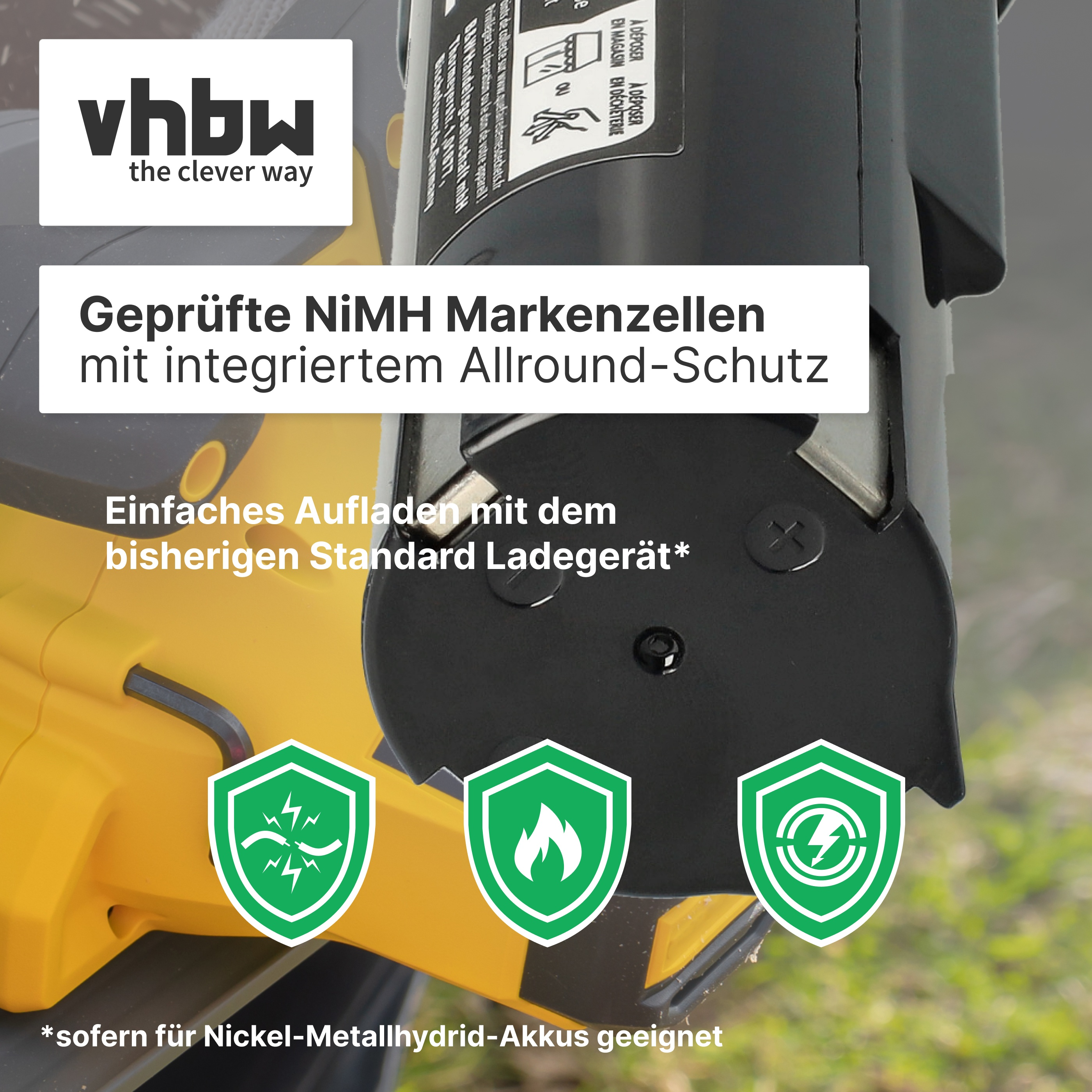 VhbW Logo, NiMH Akku mit Schutzsymbolen und Ladehinweis.