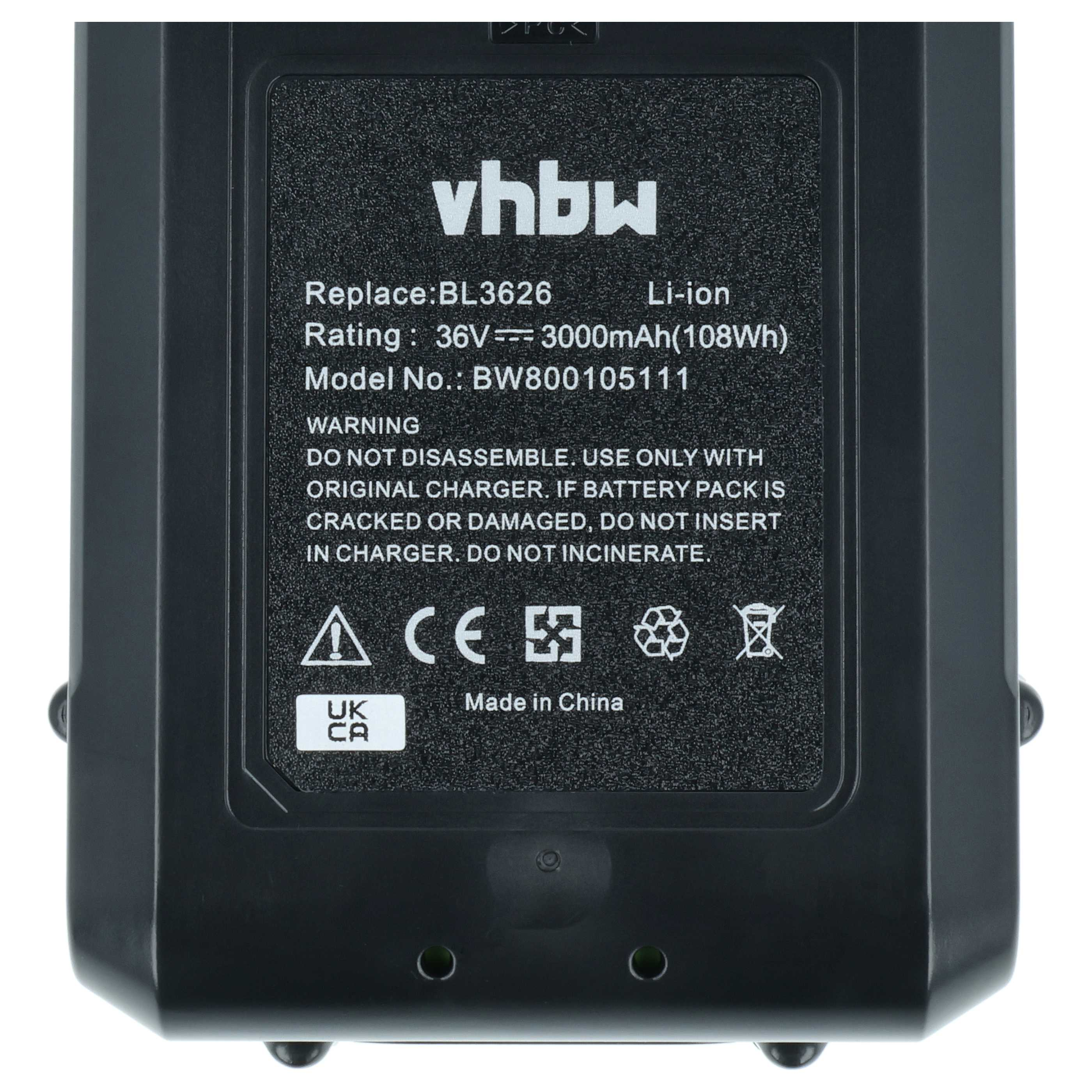 Schwarzer Akku mit Beschriftung: vhbw, 36V, 3000mAh, Made in China.