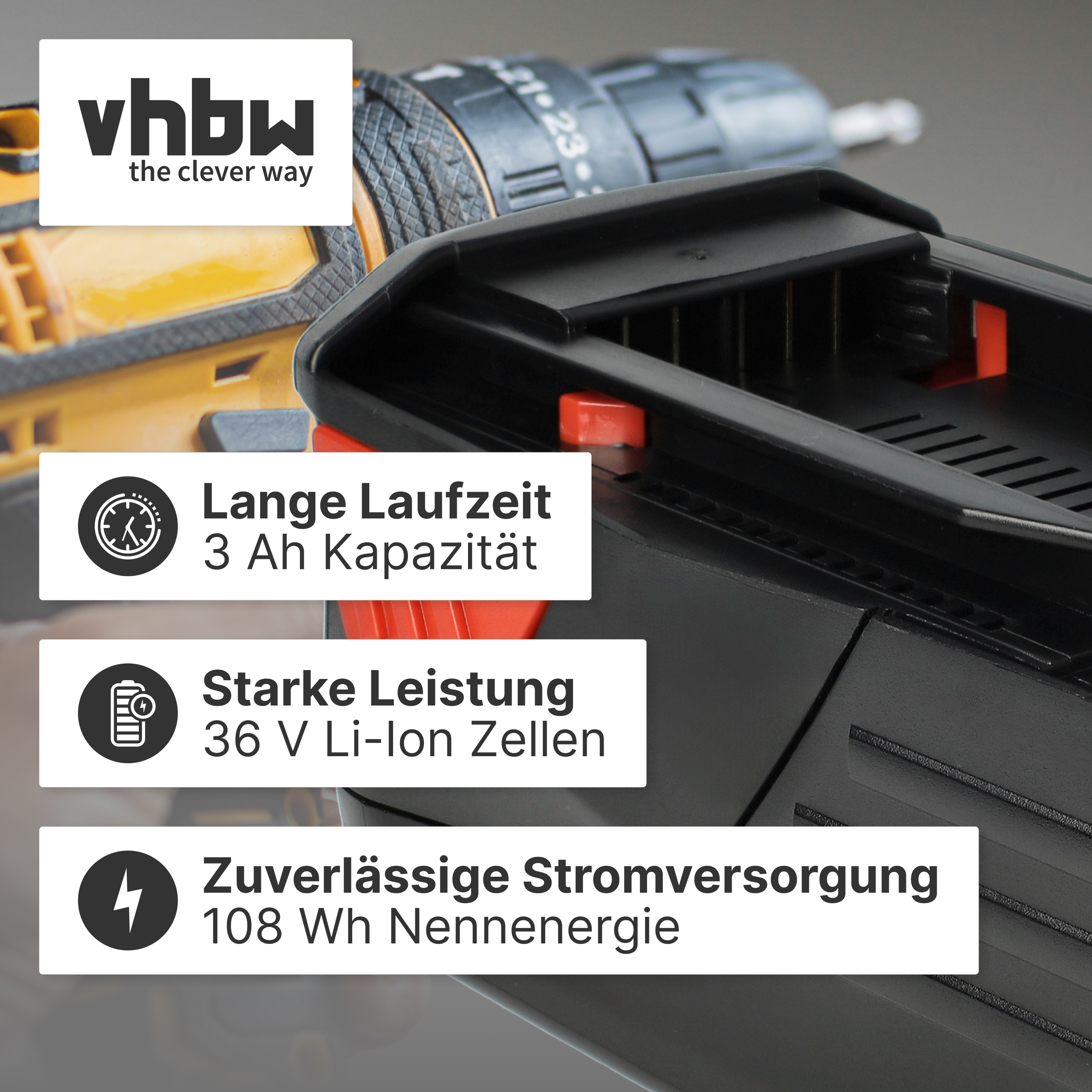 A black power tool battery with three white text boxes detailing features.