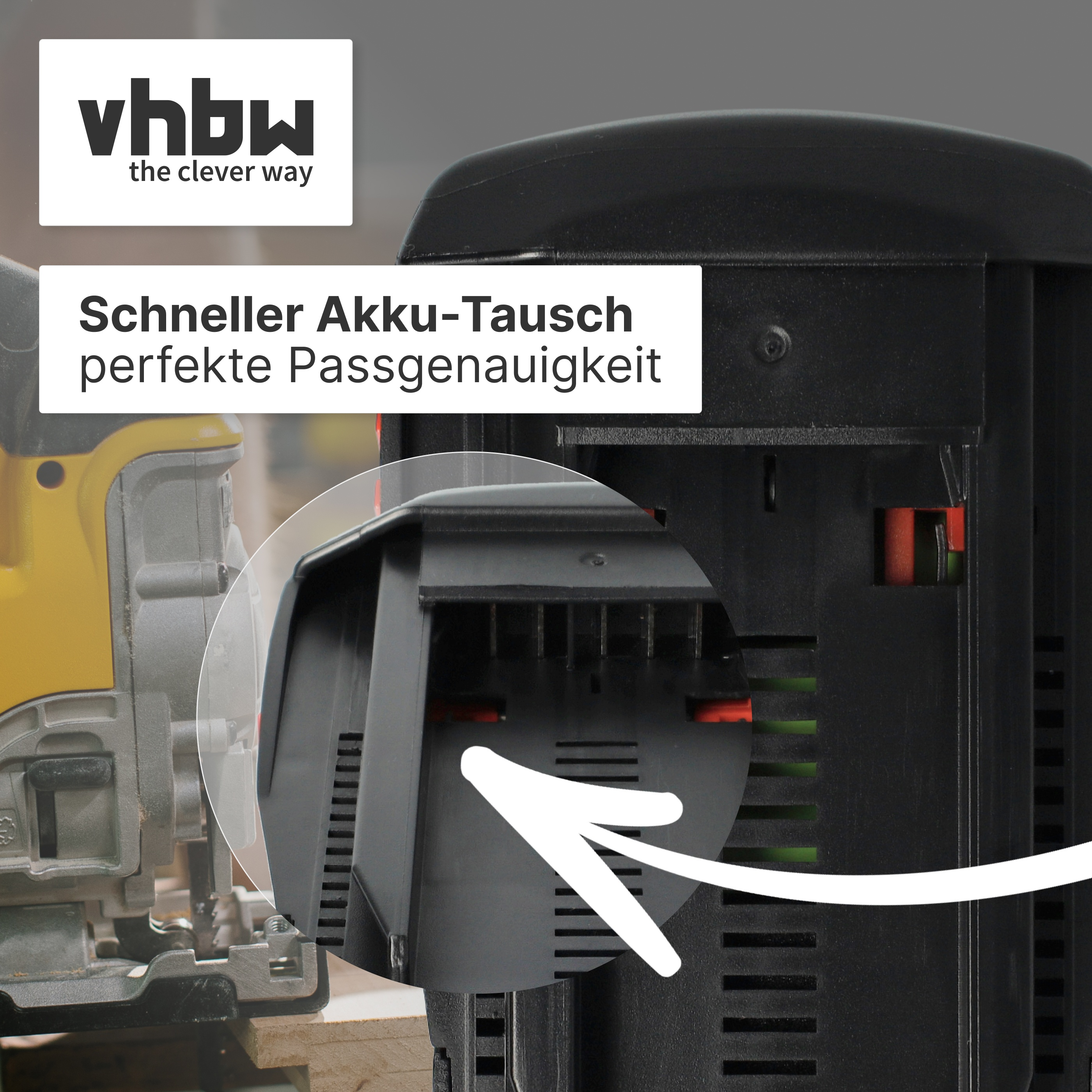 Nahaufnahme eines schwarzen Geräts mit gelbem Werkzeug daneben. Text: Schneller Akku-Tausch.