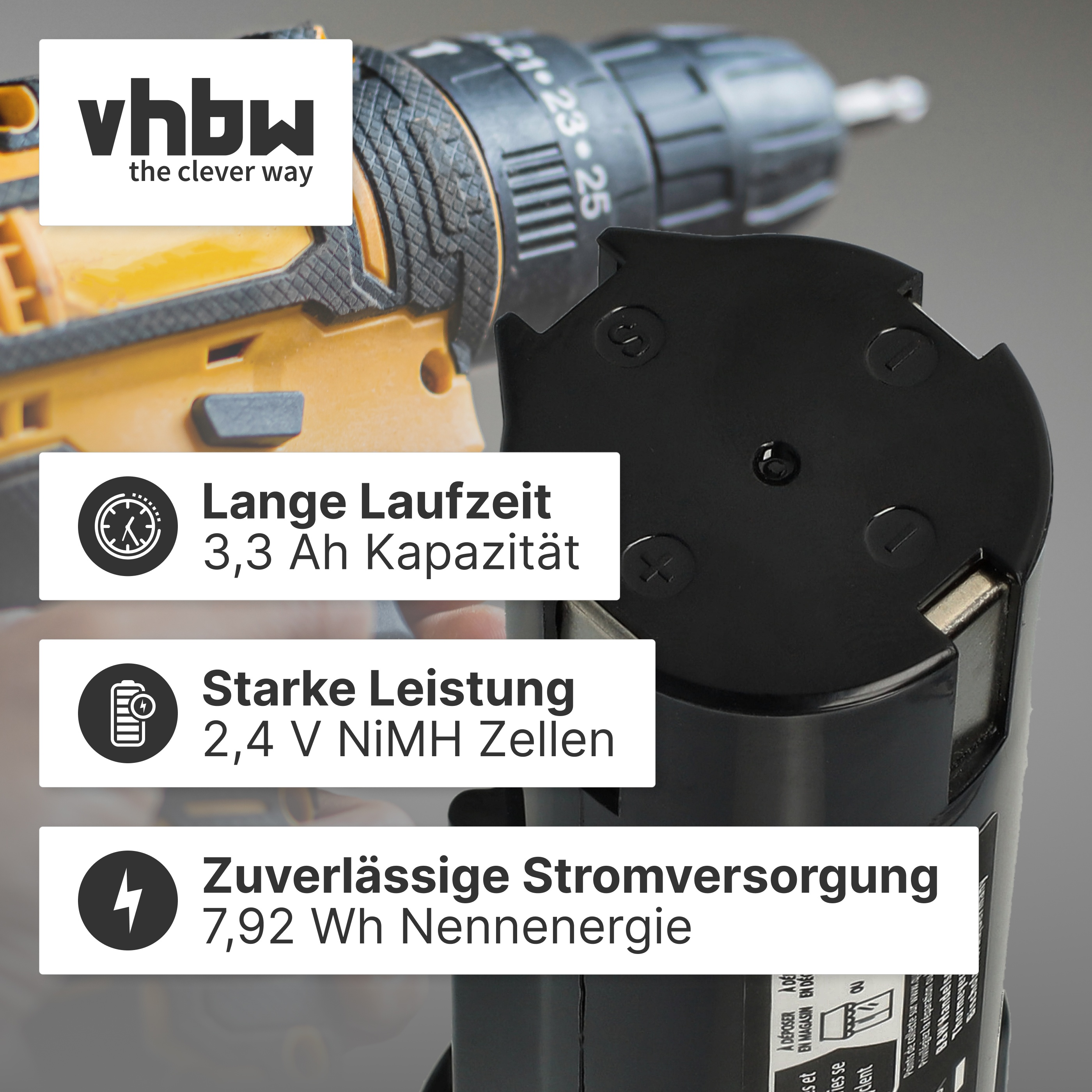 Ein gelber Bohrer mit schwarzem Akku, mit Textfeldern zur Laufzeit.
