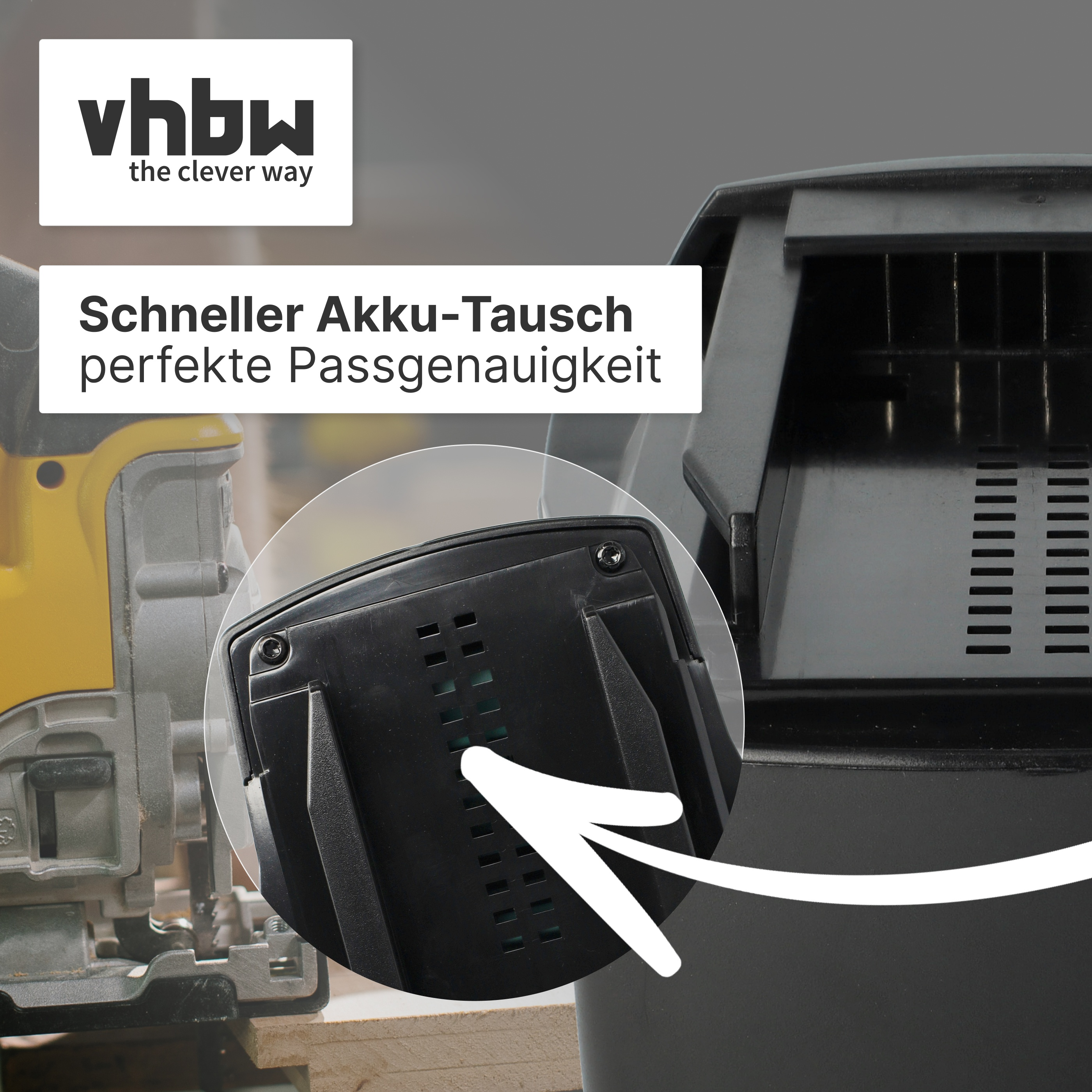 Nahaufnahme eines schwarzen Akku-Gehäuses mit Lüftungsschlitzen und einem gelben Werkzeug.
