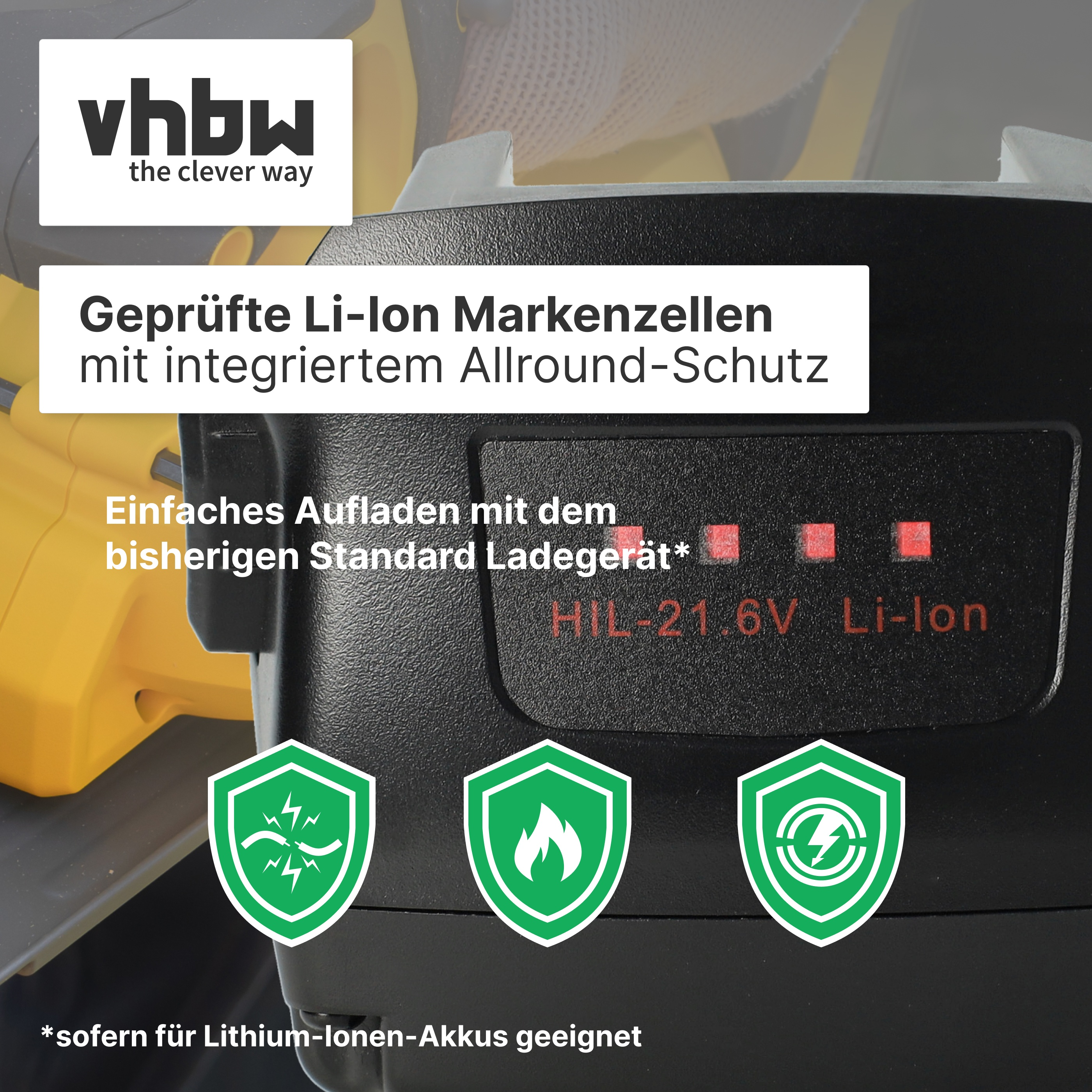 Schwarzer Akku mit "vhbw" Logo, Li-Ion-Technologie und Schutz-Icons.