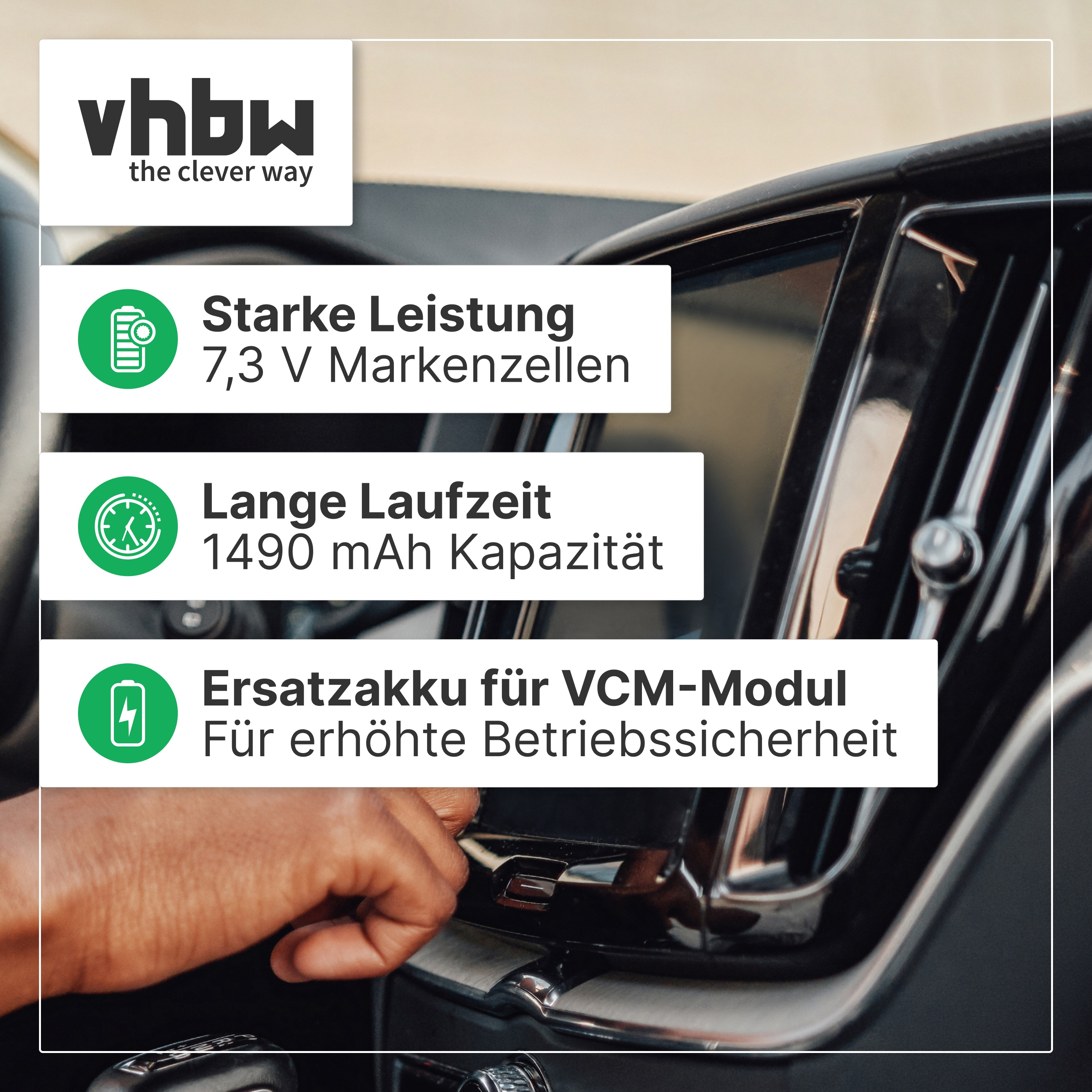 vhbw Logo. Starke Leistung, lange Laufzeit, Ersatzakku. Hand bedient Auto-Schaltknüppel.