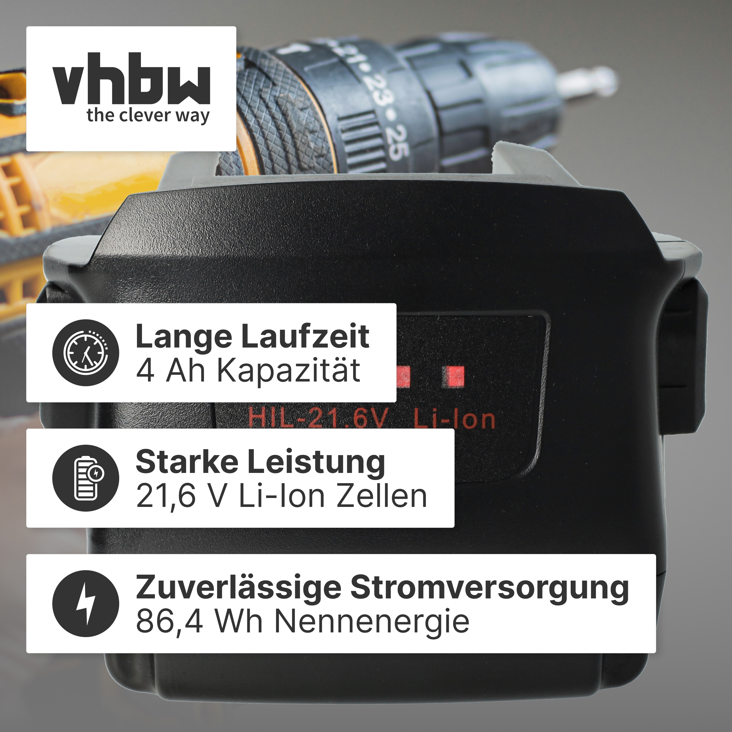 Schwarzer Akku mit "vhbw" Logo, 4 Ah, 21,6V, 86,4Wh.