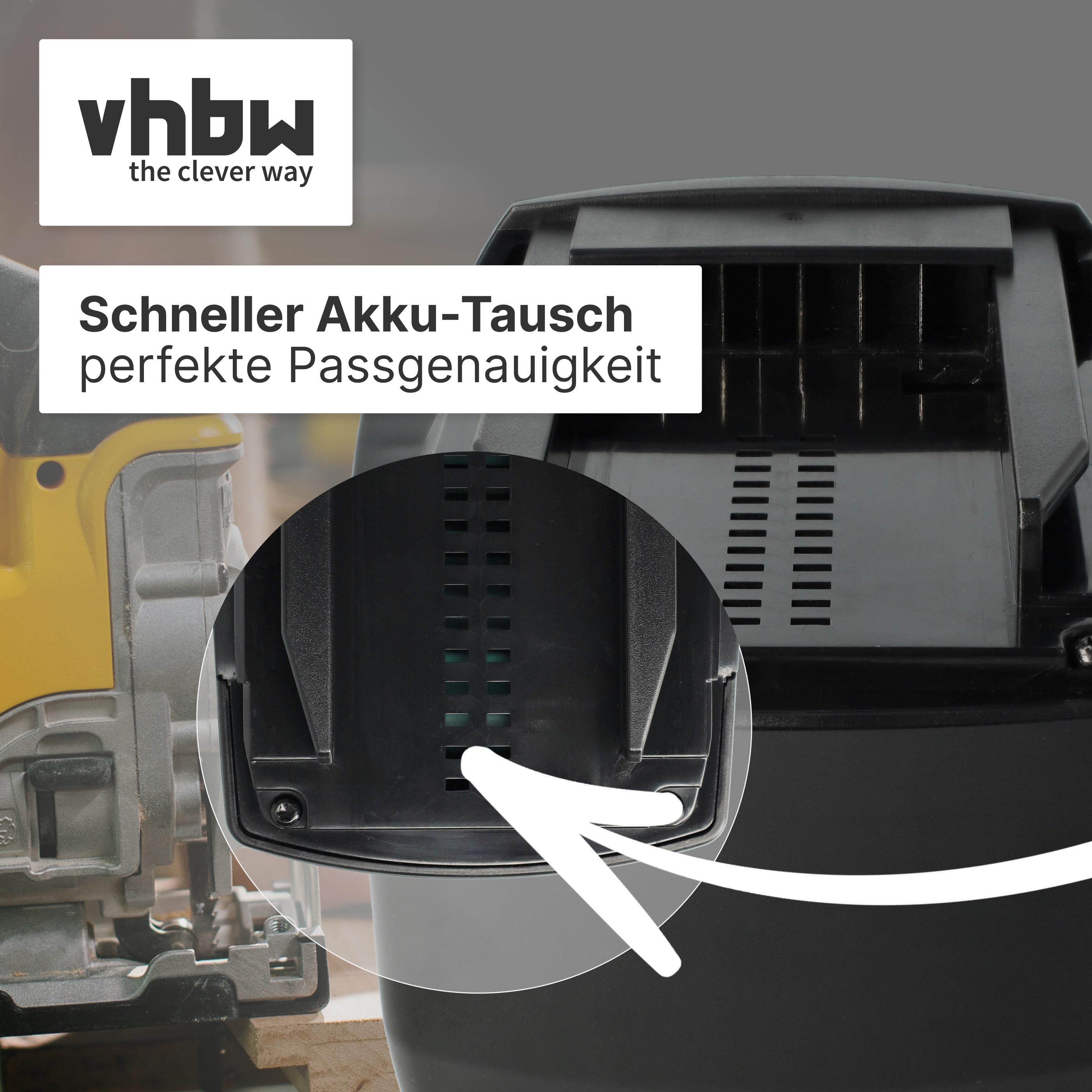 Ein gelbes Elektrowerkzeug neben einem schwarzen Gerät mit weißem Pfeil.