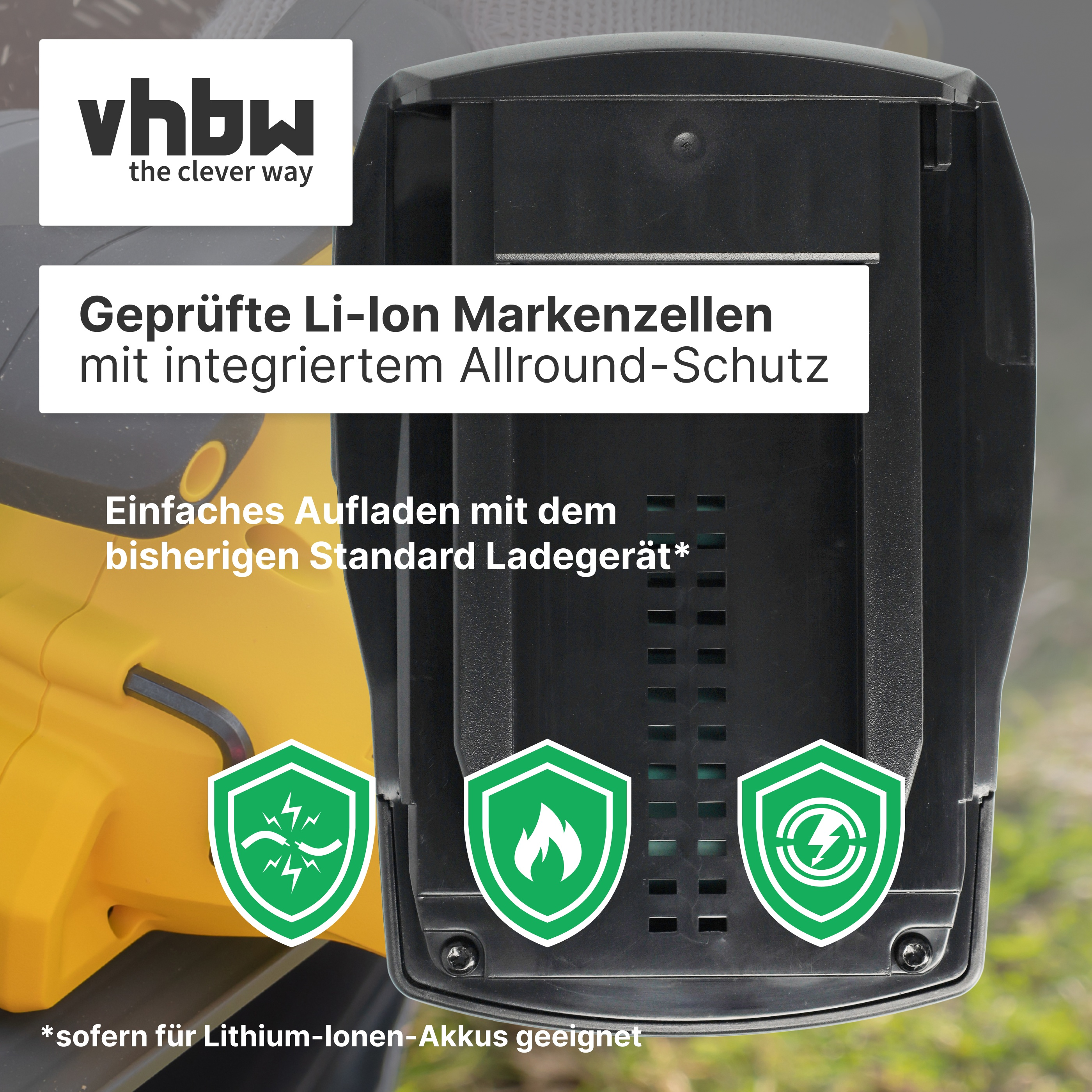 Vordergrund: Gelbes Gerät mit schwarzem Akku. Text über Li-Ion Zellen.