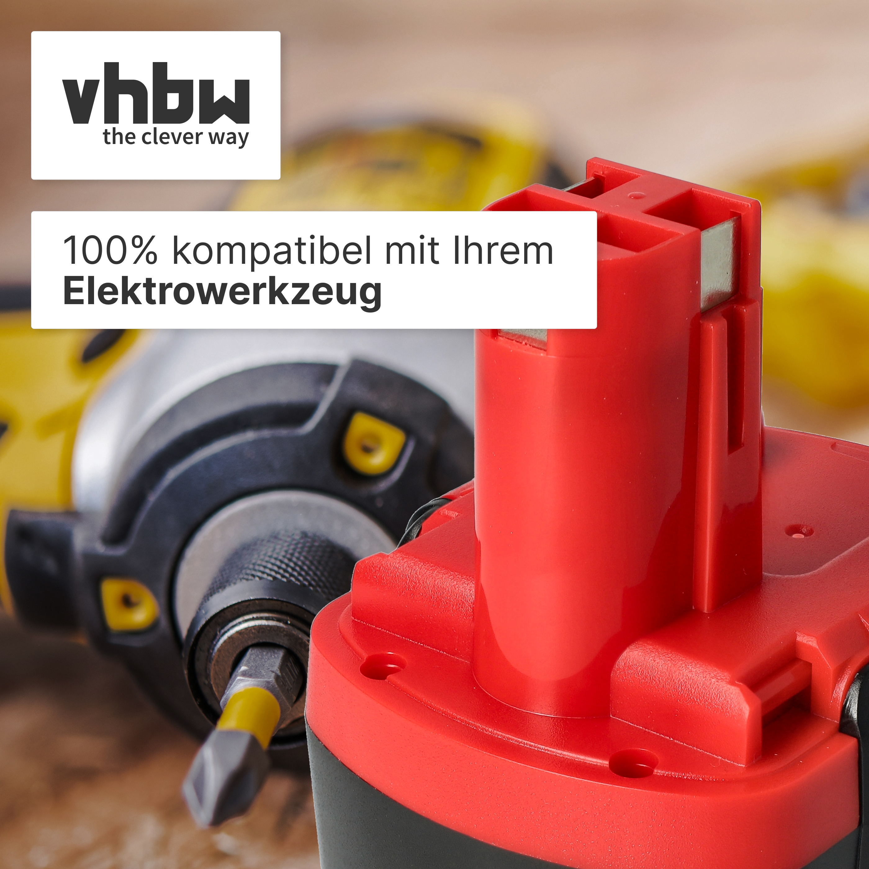 Roter Akku neben einem Werkzeug mit gelbem Akzent.