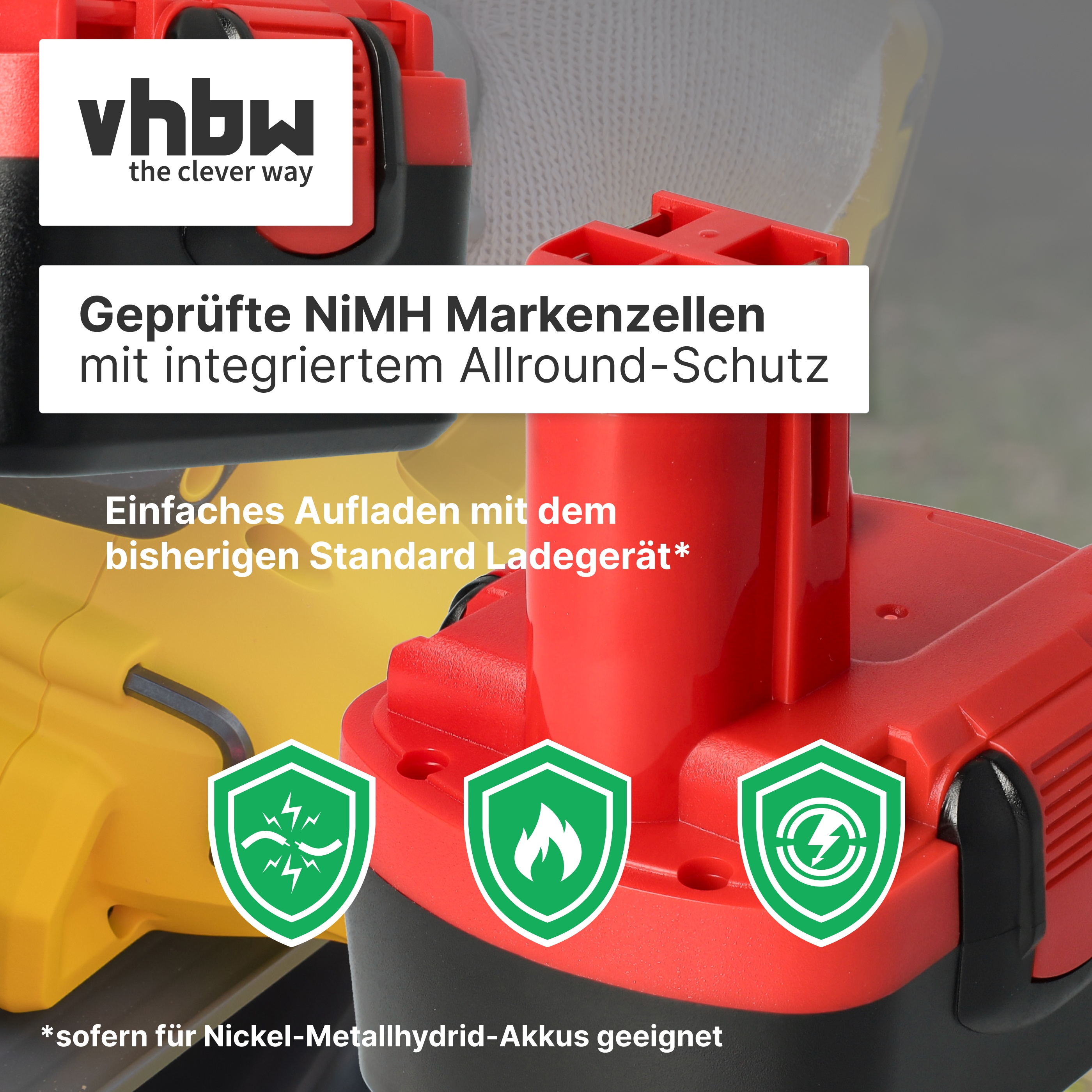 Rote und gelbe Akkus mit Schutz-Symbolen und Text: vhbw NiMH Zellen.