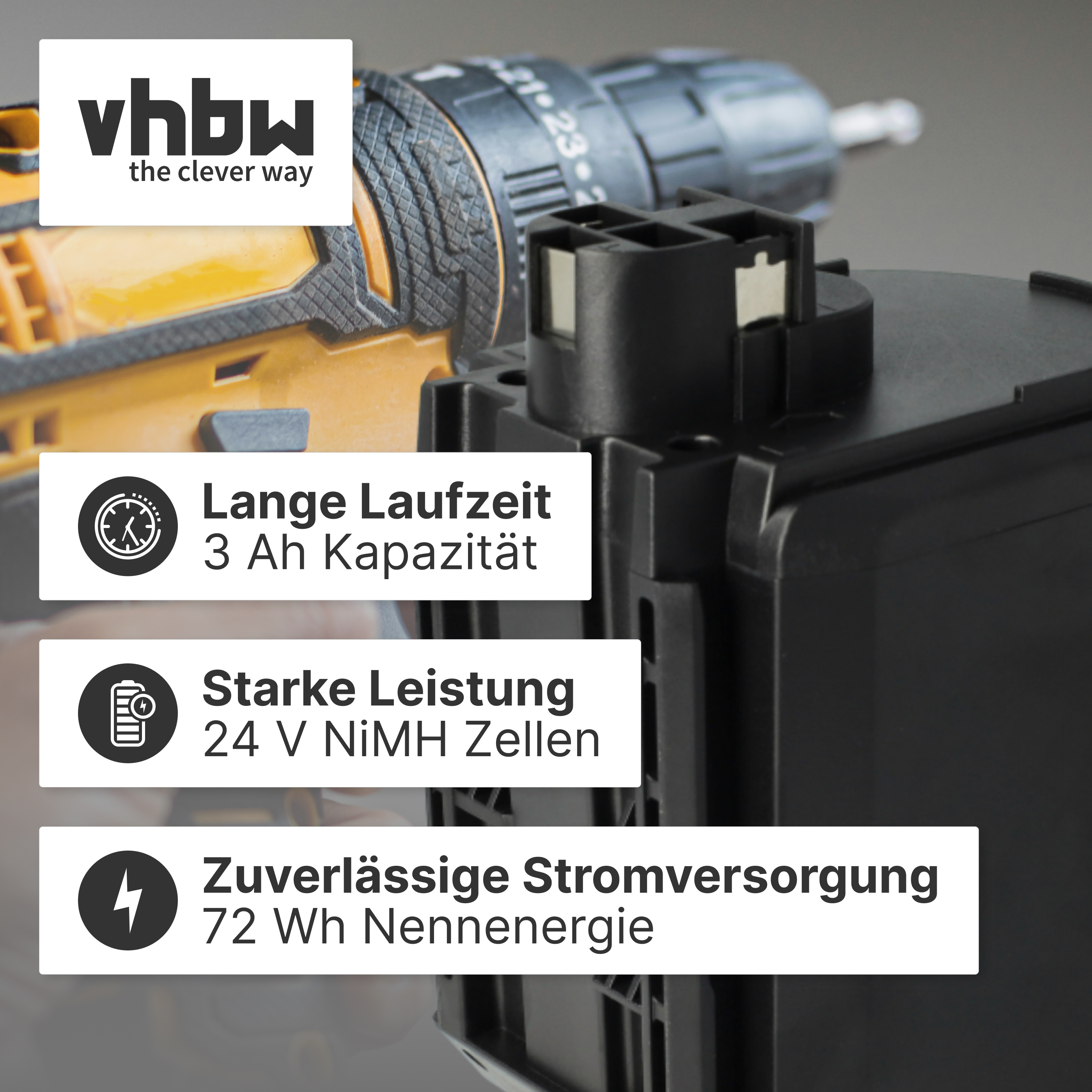 Ein Werkzeugakku mit 3 Ah Kapazität, 24 V und 72 Wh Nennenergie.