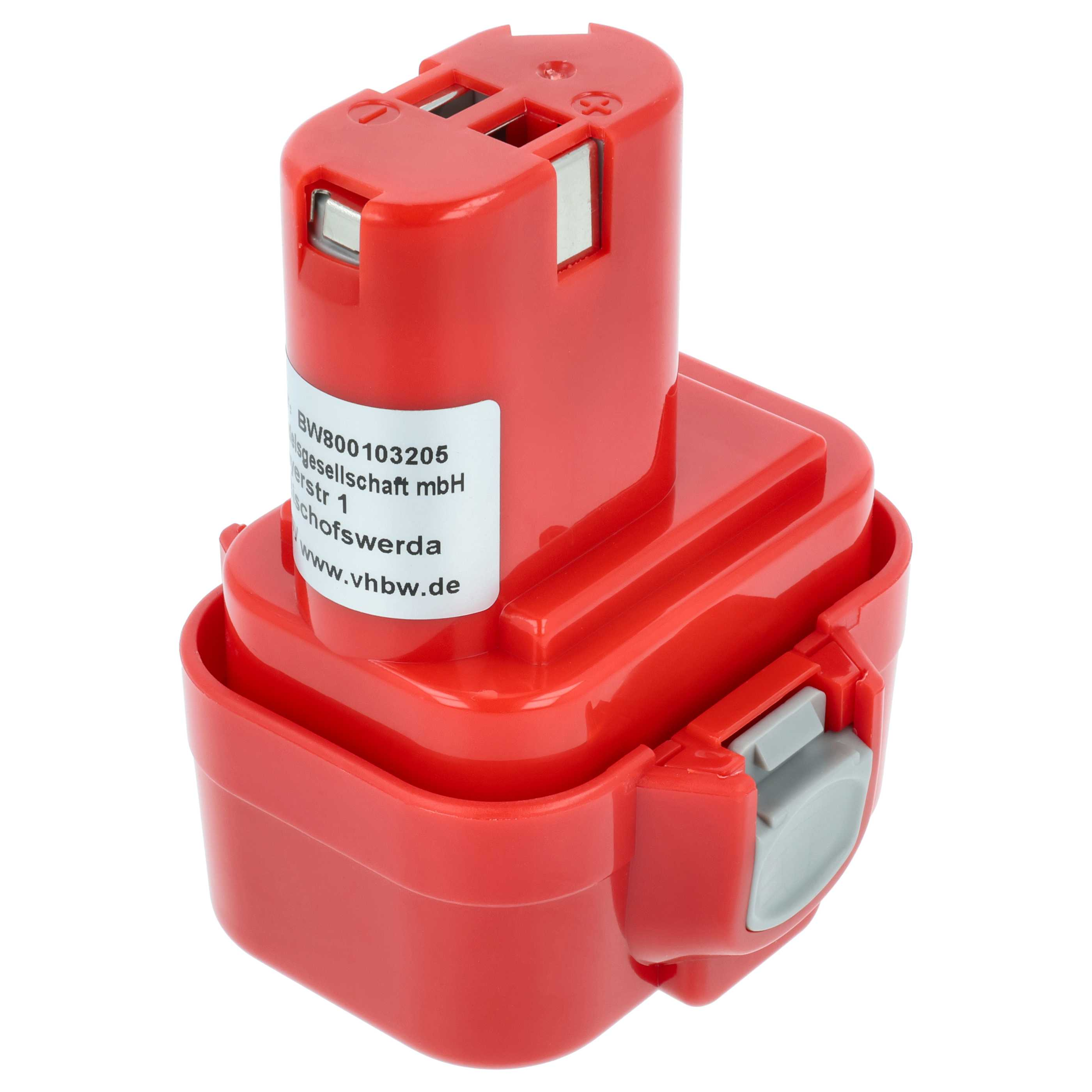 Roter Akku mit silbernen Kontakten und weißem Etikett.