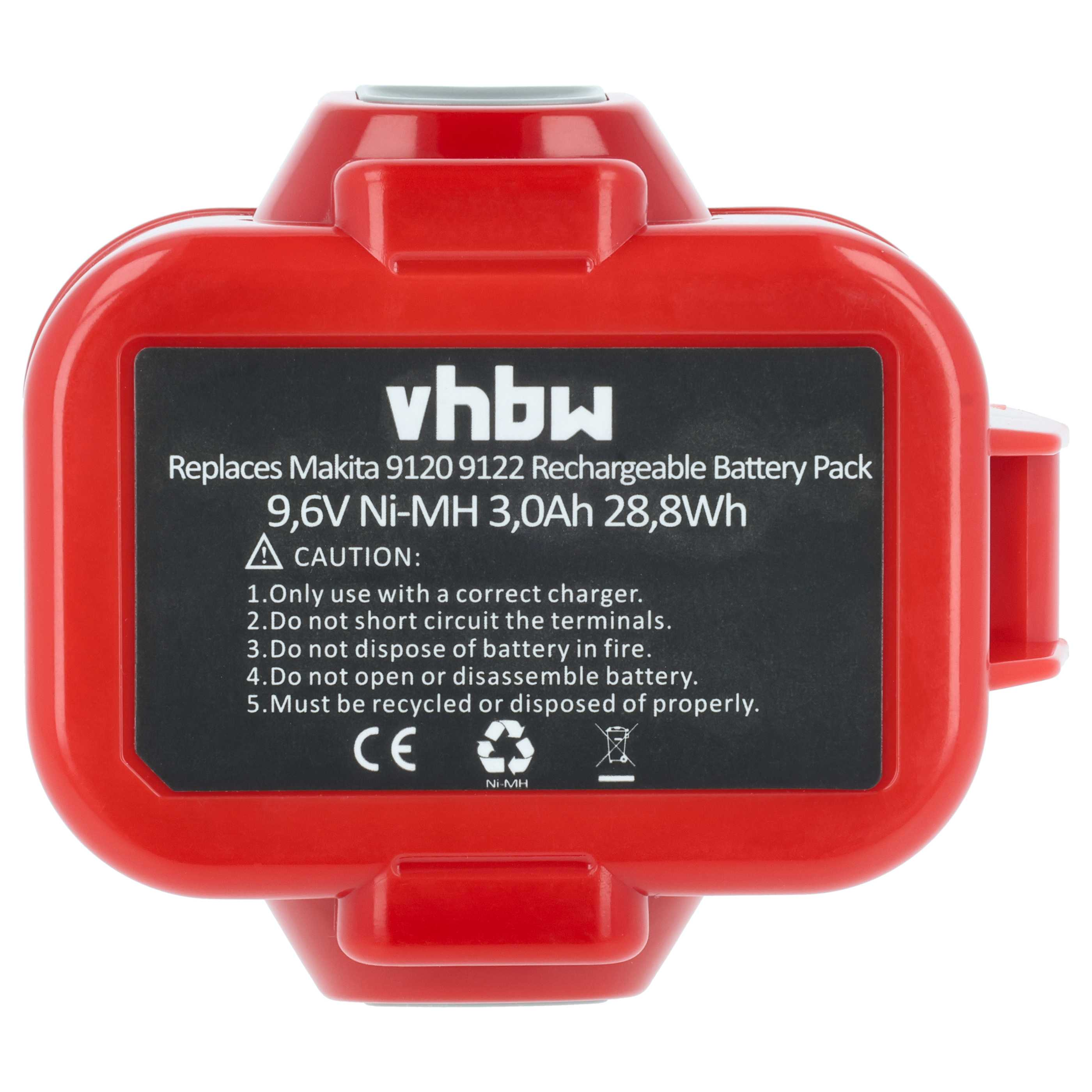Roter Akku von vhbw, 9,6V Ni-MH, mit Warnhinweisen.