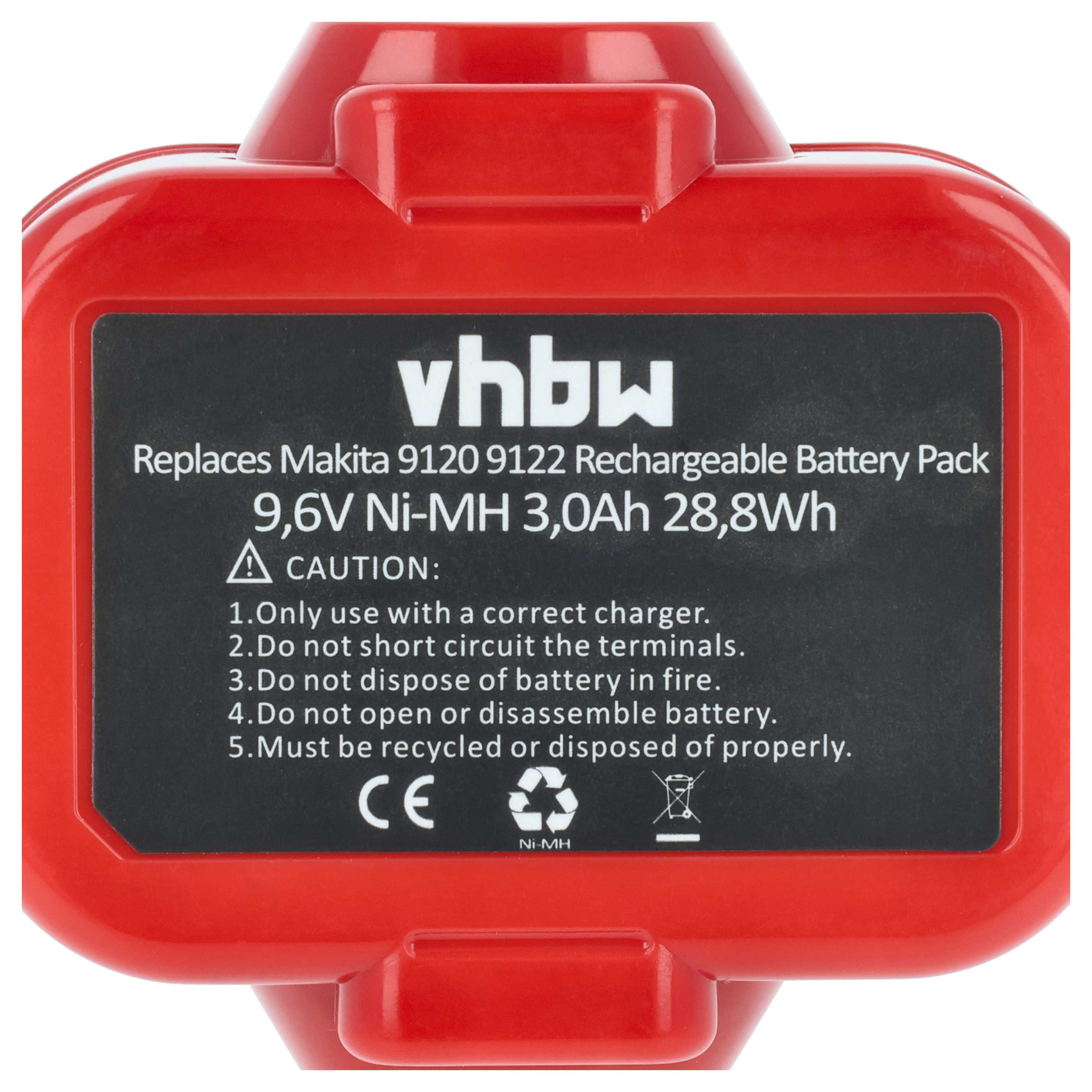 Roter Akku mit schwarzem Etikett, 9,6V Ni-MH, 3,0Ah, 28,8Wh, CE-Zeichen.