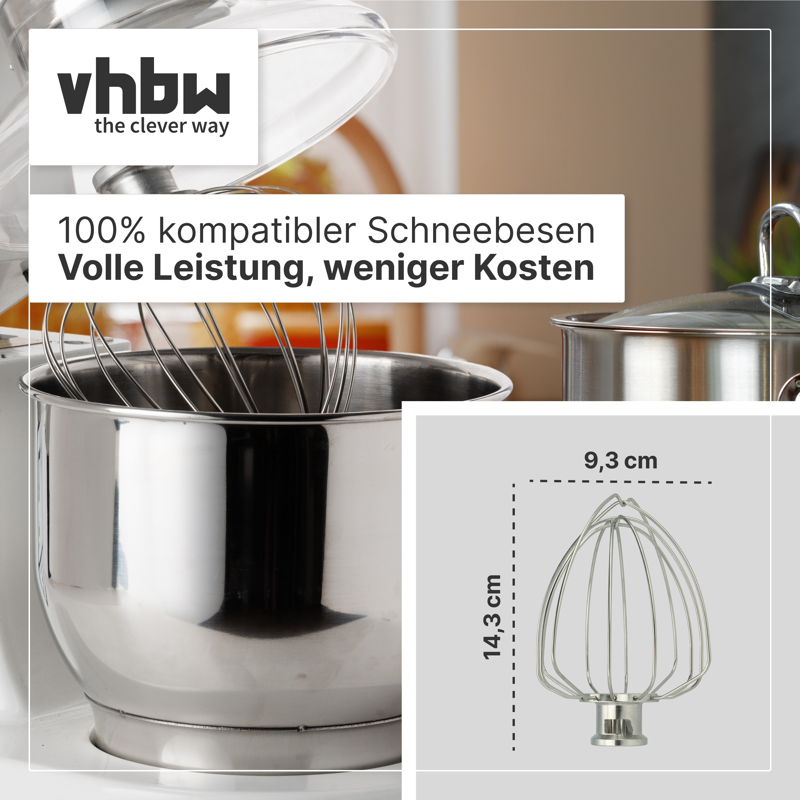 Ein Küchenmaschinen-Schneebesen, 14,3 cm hoch, 9,3 cm breit.