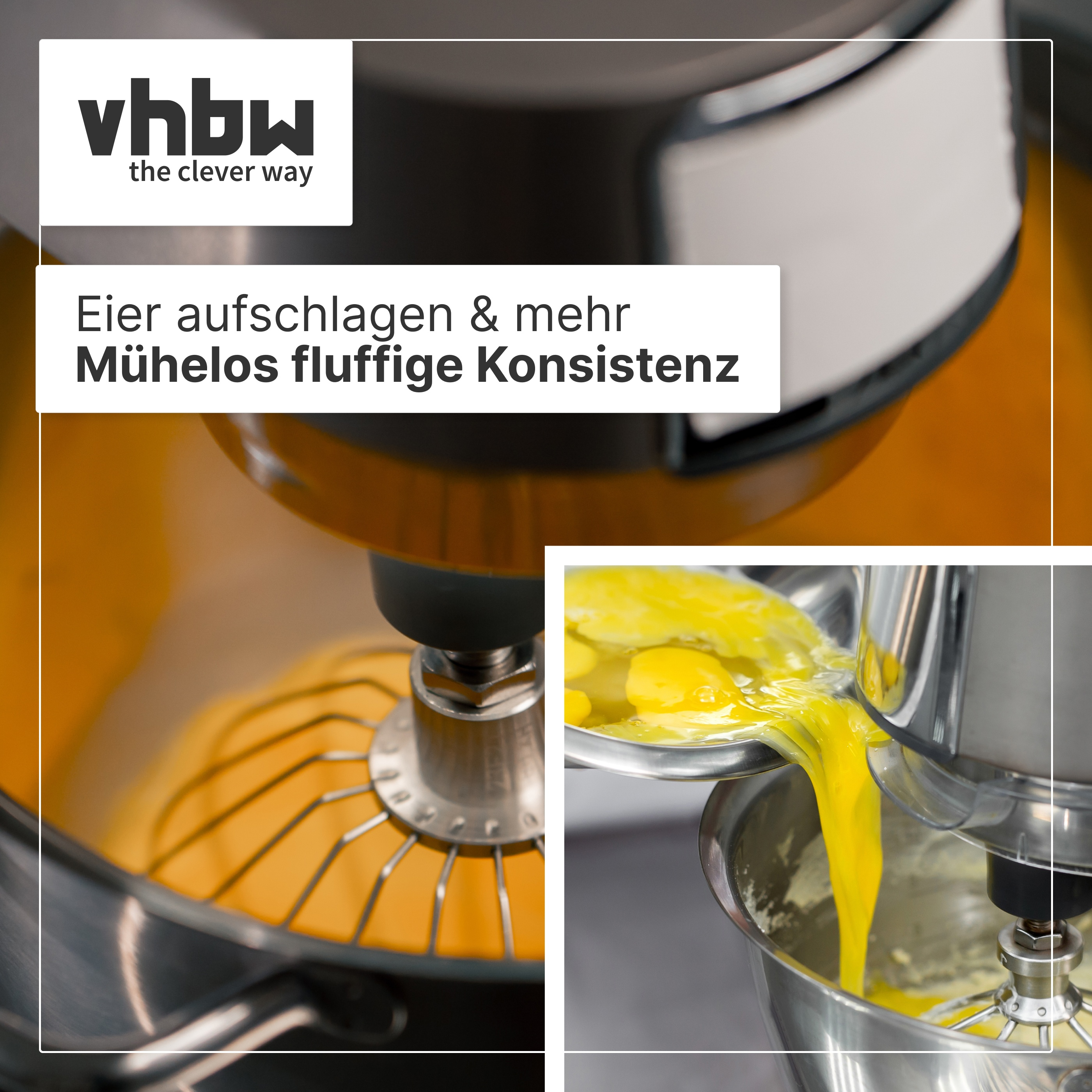 Küchenmaschine schlägt Eier auf, das Logo "vhbw" ist oben links.