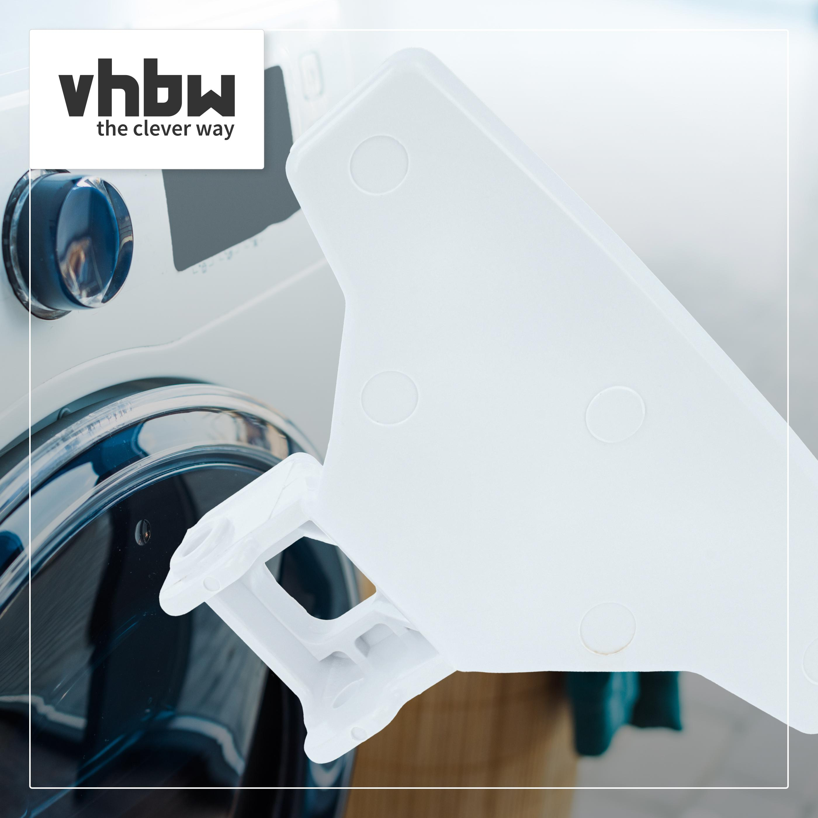 Ein weißer Türsicherungsclip an einer Waschmaschine mit dem vhbw-Logo.