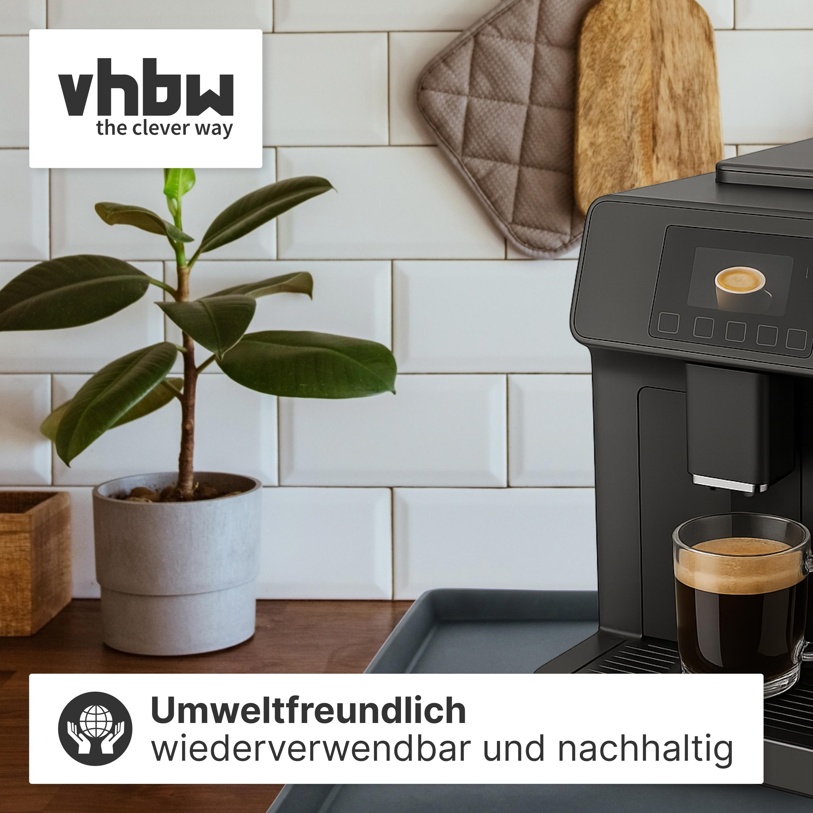 Kaffeemaschine mit Tasse Kaffee, Topf Pflanze und Logo.