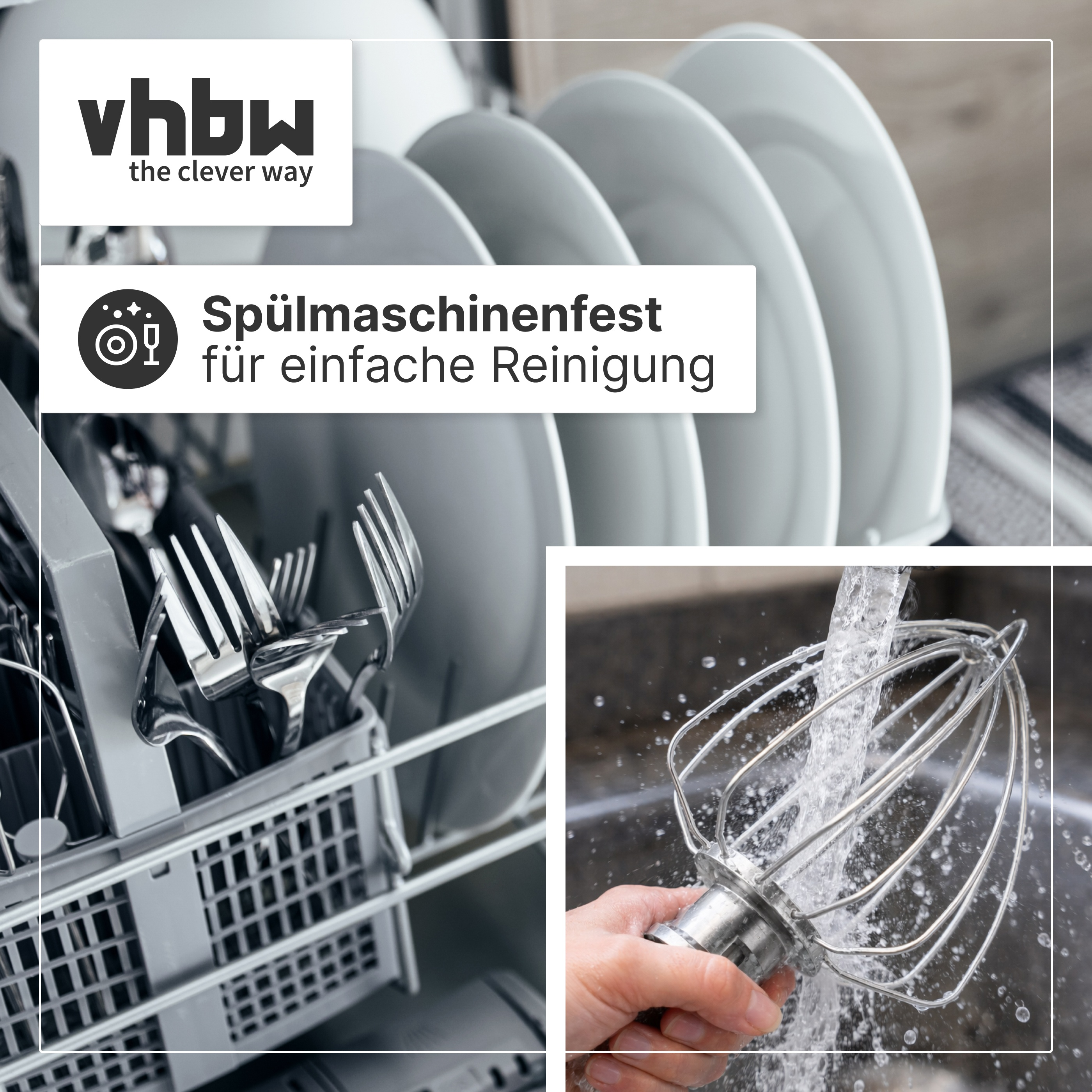 Ein Geschirrspüler mit Geschirr, ein Schneebesen unter Wasser.