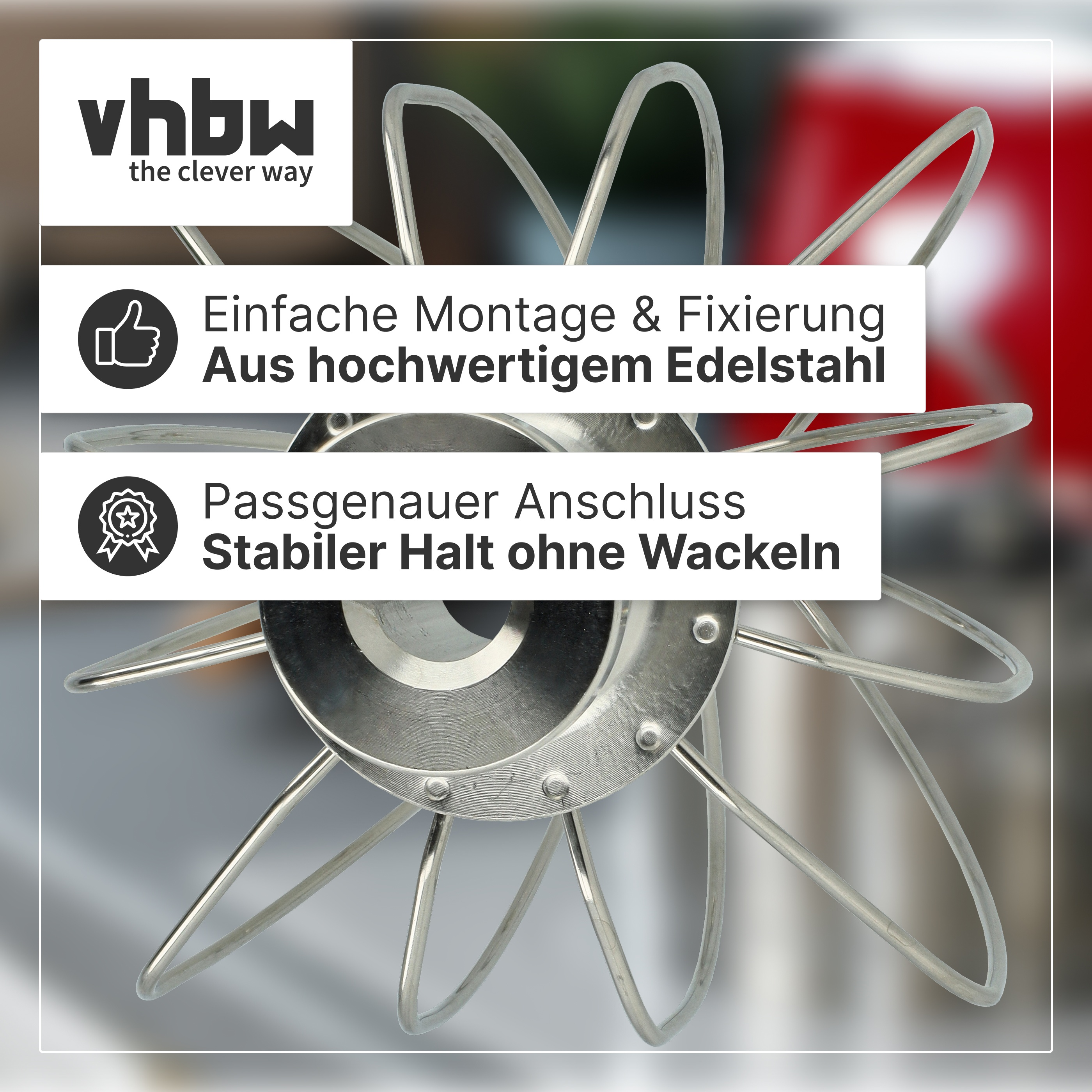 Edelstahl-Werkzeug mit silbernen Schleifen, "vhbw" Logo.