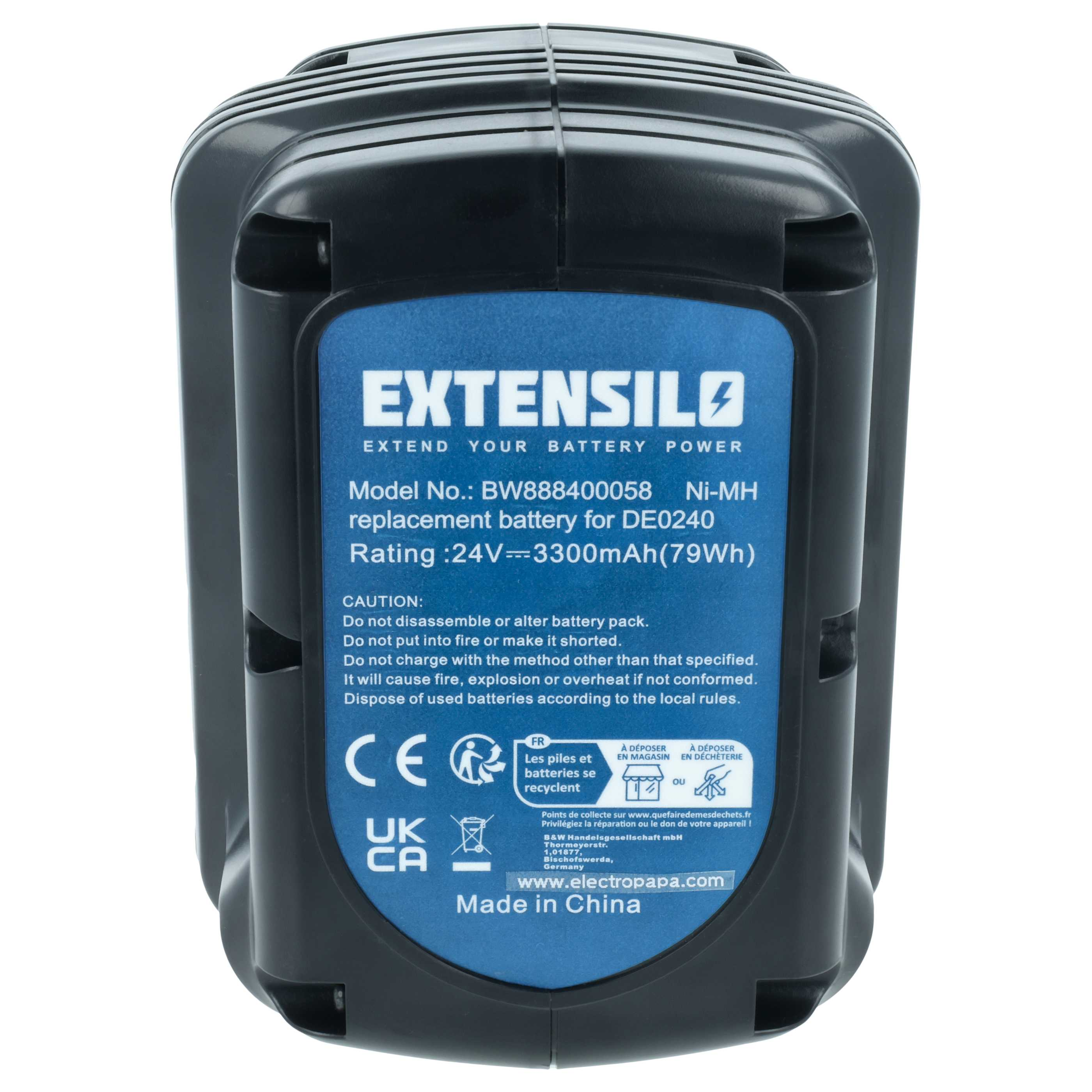 Schwarzer Akku mit blauem Etikett: EXTENSILO, 24V, 3300mAh.