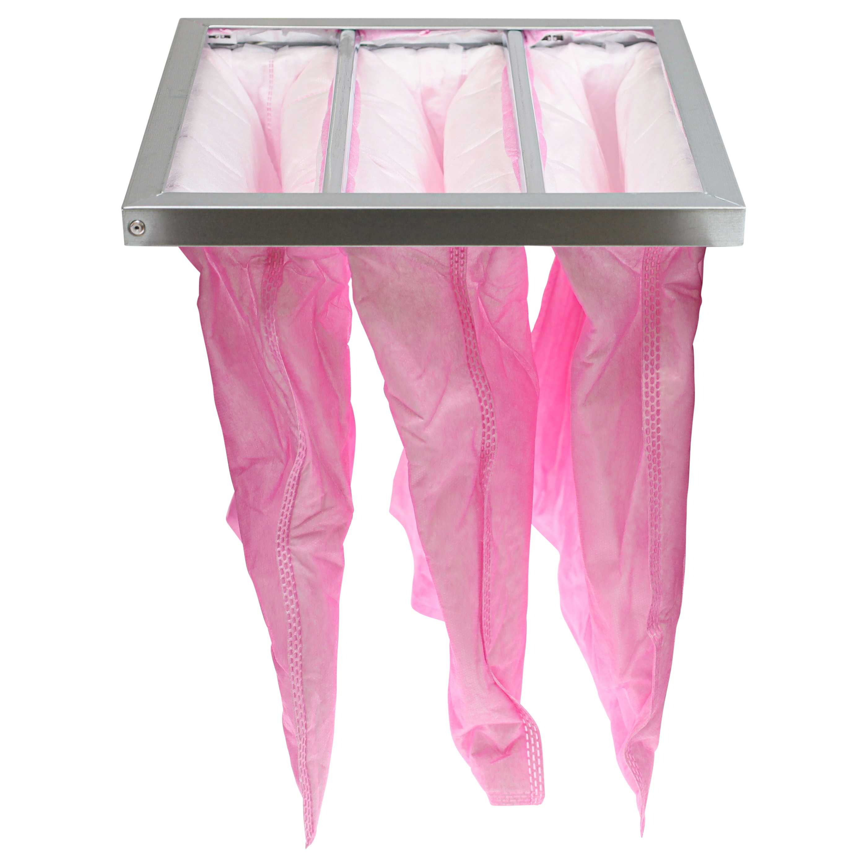 Ein silberner Rahmen hält drei rosa Taschenfilter. Weißer Hintergrund.