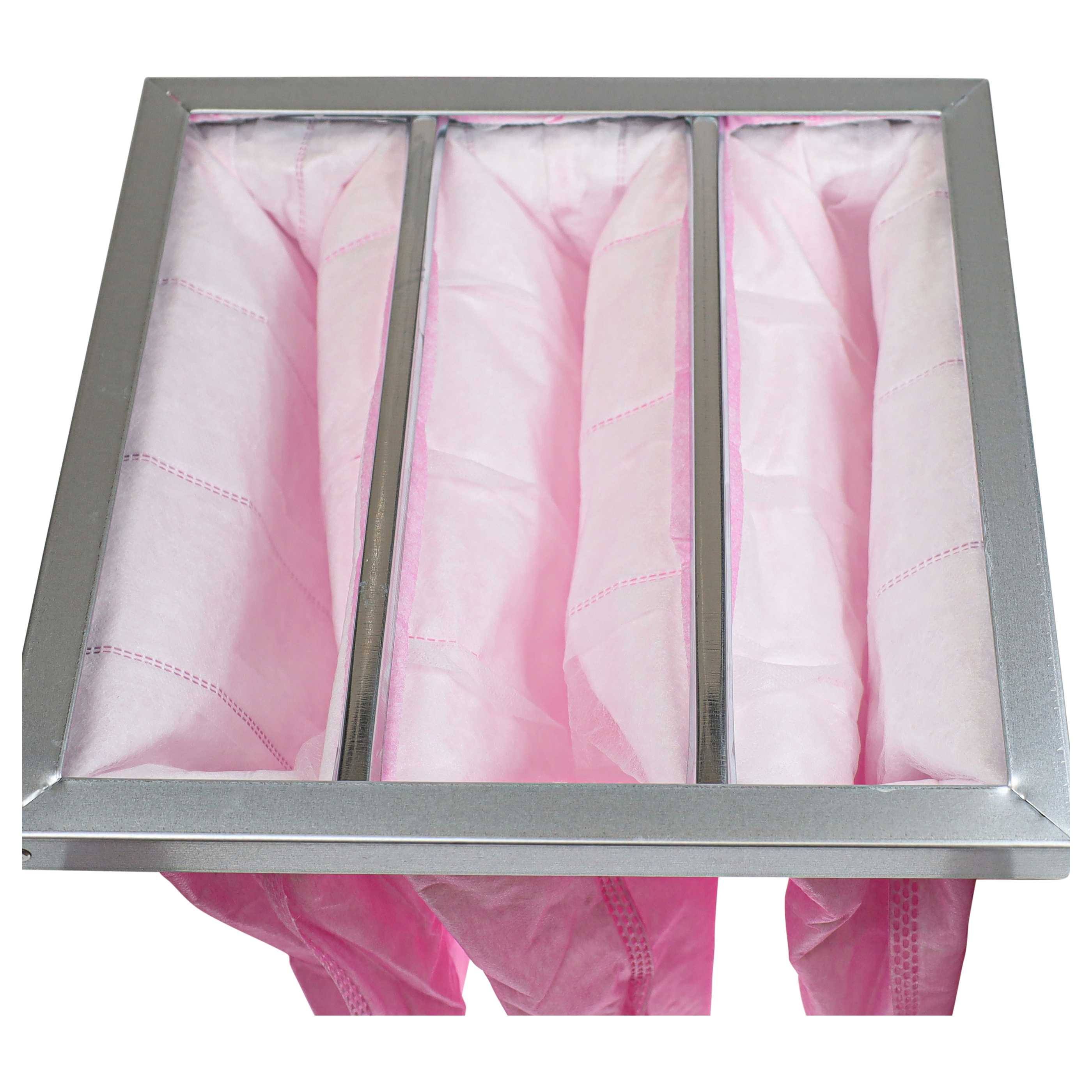 Ein rosa Beutel-Luftfilter mit Metallrahmen.