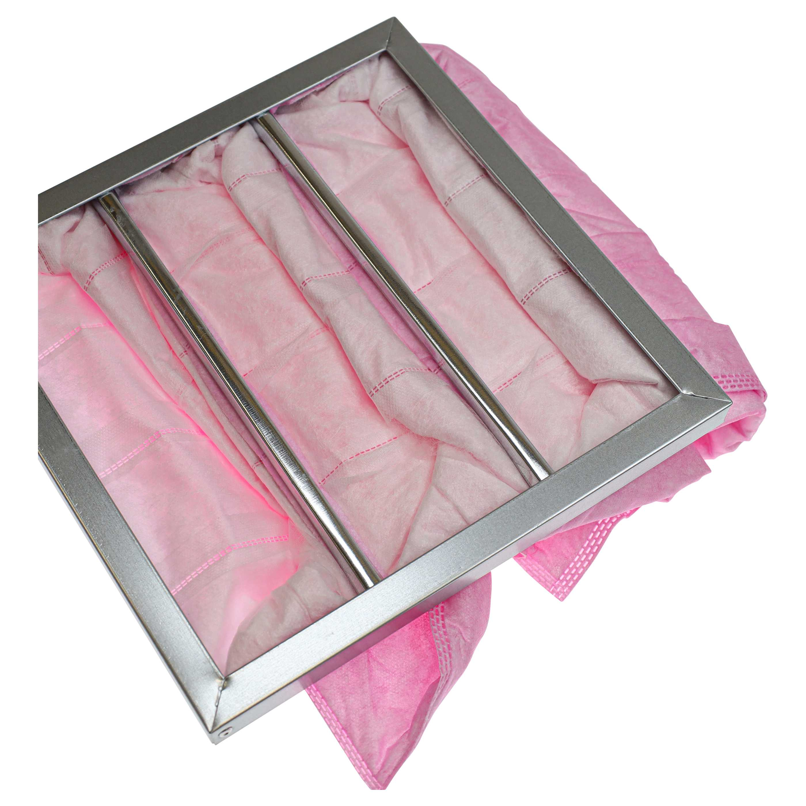 Ein silberner Rahmen mit rosa Filtermaterial, das durch Metallstangen gestützt wird.