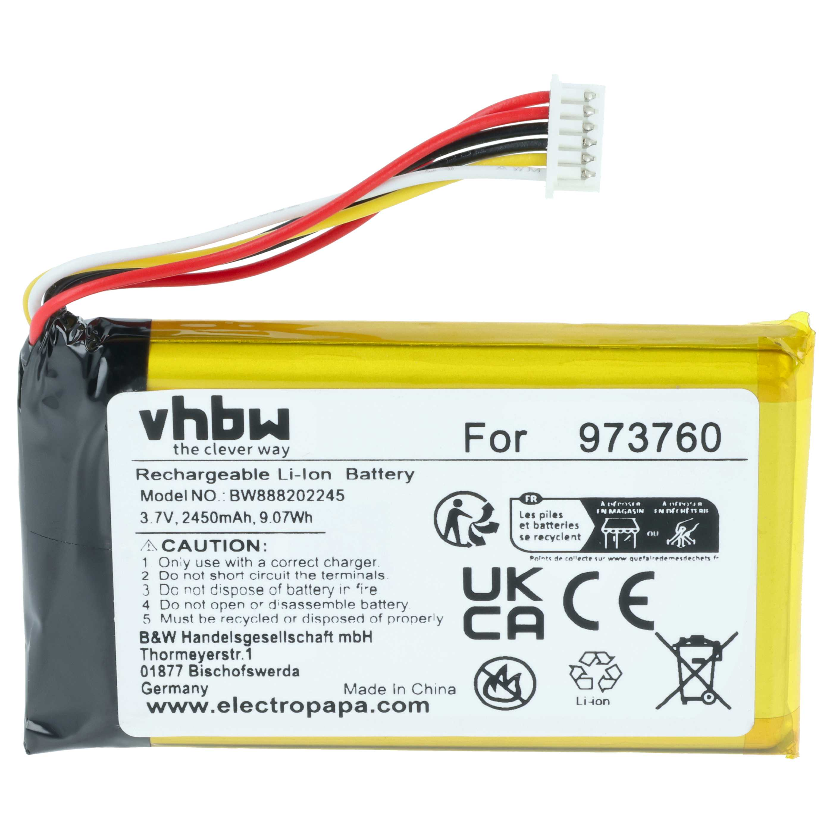 Ein gelber Li-Ion-Akku mit Kabeln und Warnhinweisen.