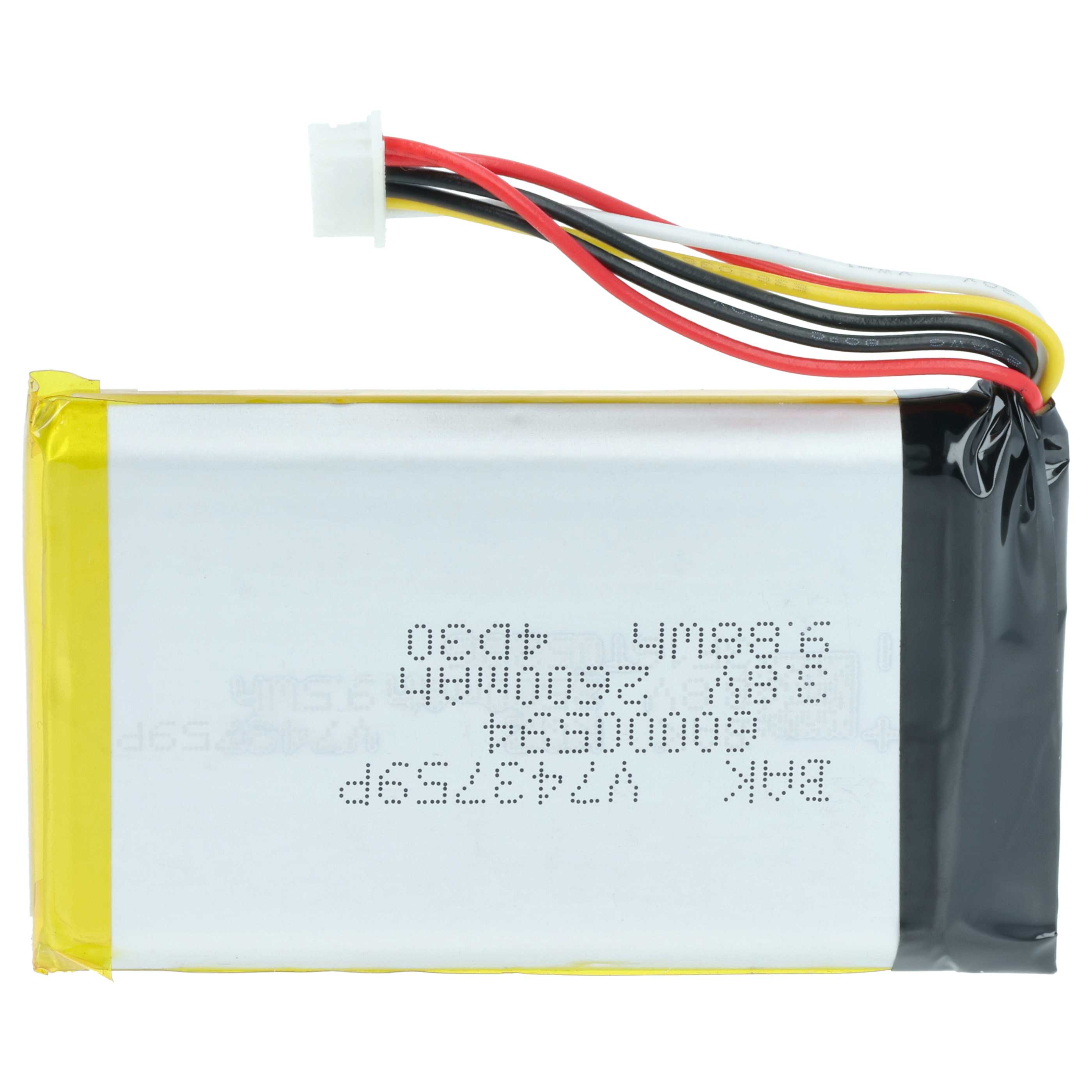 Ein flacher Lithium-Polymer-Akku mit gelben und schwarzen Kanten und vier farbigen Kabeln.