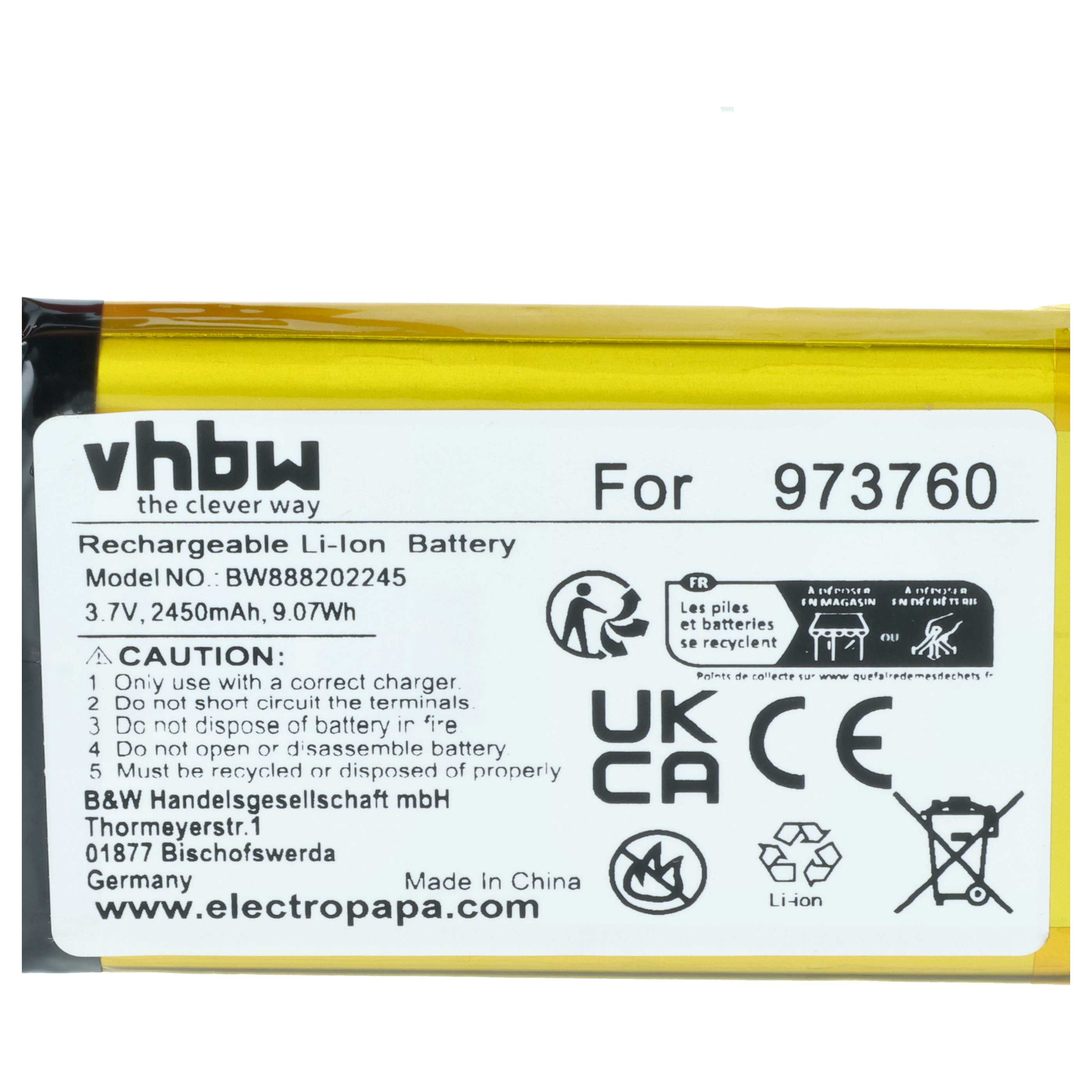 Gelbe Batterie mit Aufdruck: vhbw, Modell BW888202245, 3.7V, 2450mAh, 9.07Wh. Mit Warnhinweisen.