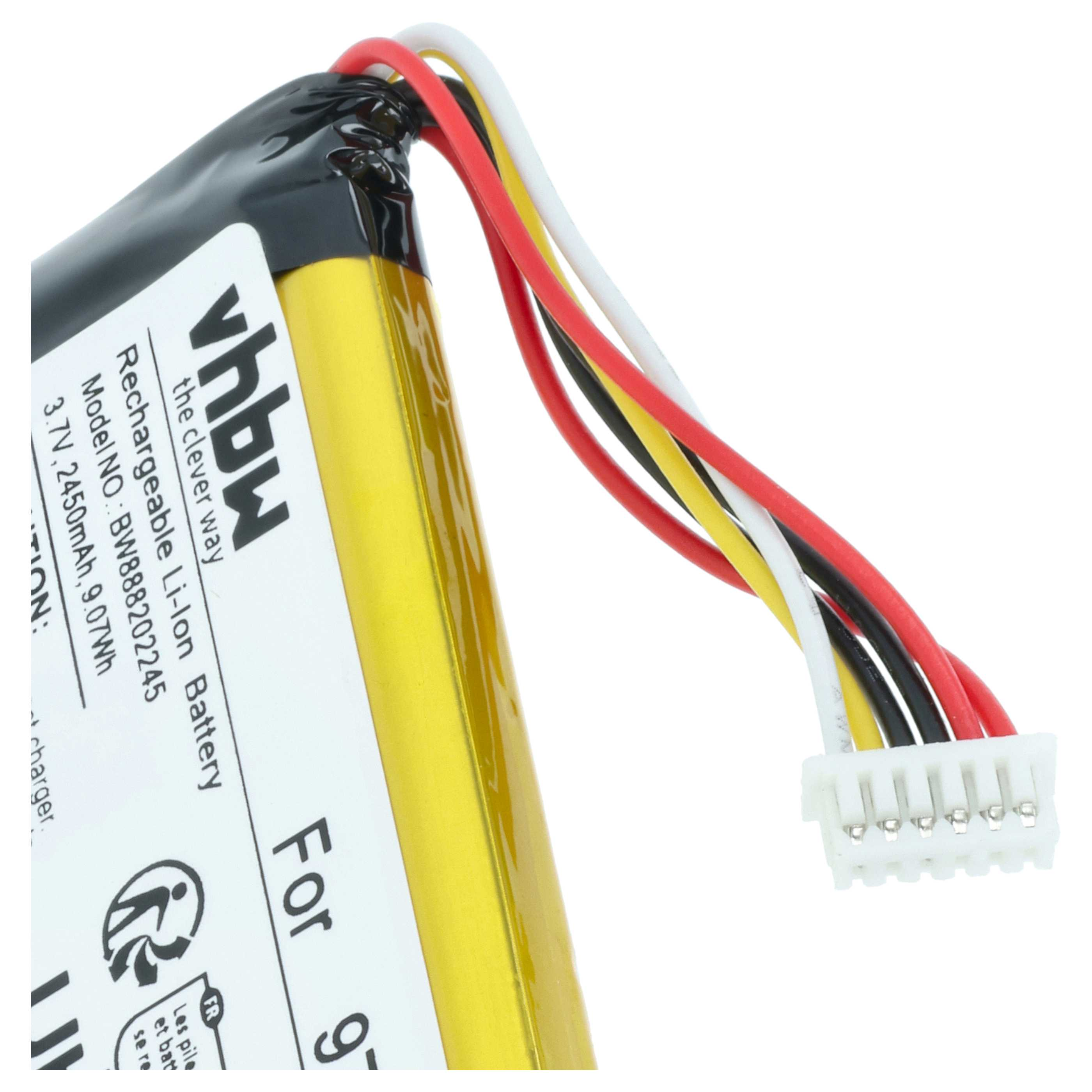 Gelbe Li-Ion-Batterie mit Vhbw-Logo, weißem Stecker und farbigen Kabeln.