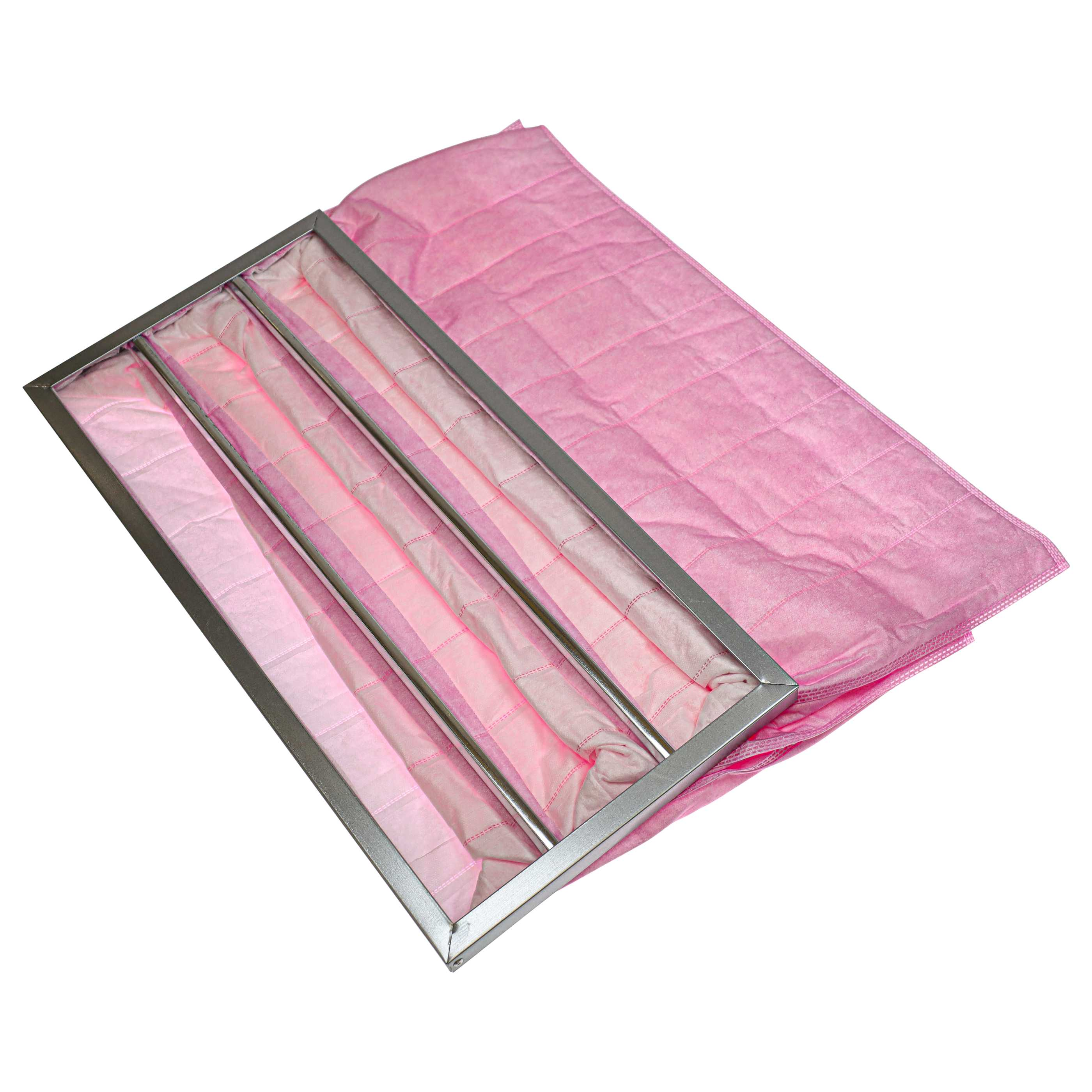 Ein rosa Staubfilter mit Metallrahmen und gestepptem Vlies.
