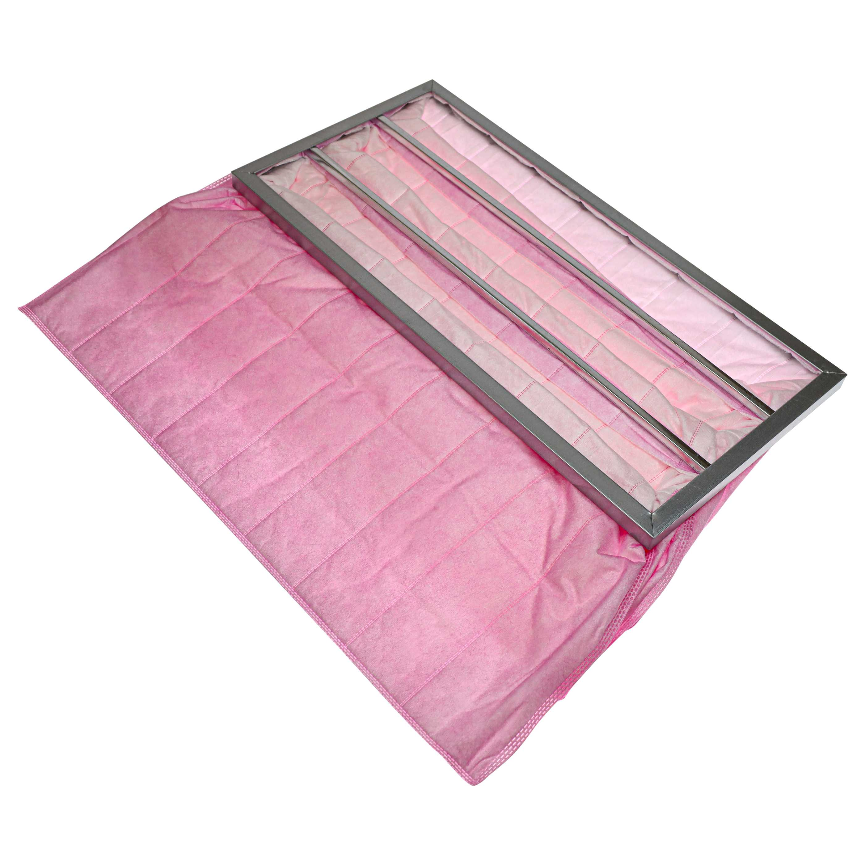 Ein rosa Staubfilter mit Metallrahmen liegt auf weißem Hintergrund.