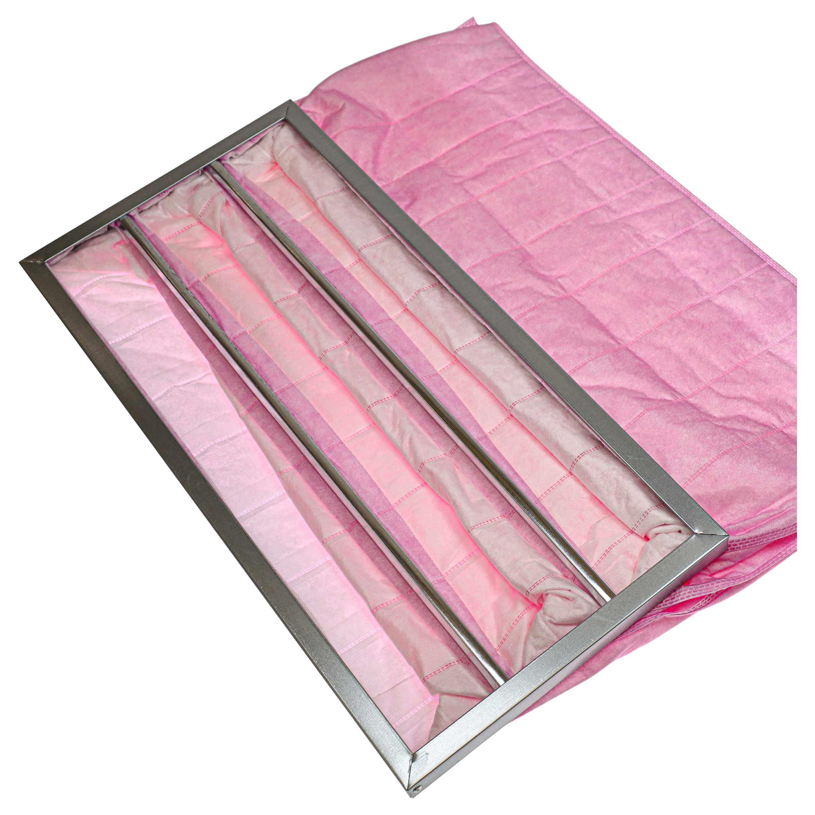 Ein silberner Rahmen mit rosa Filtermaterial auf einer rosa gesteppten Unterlage.