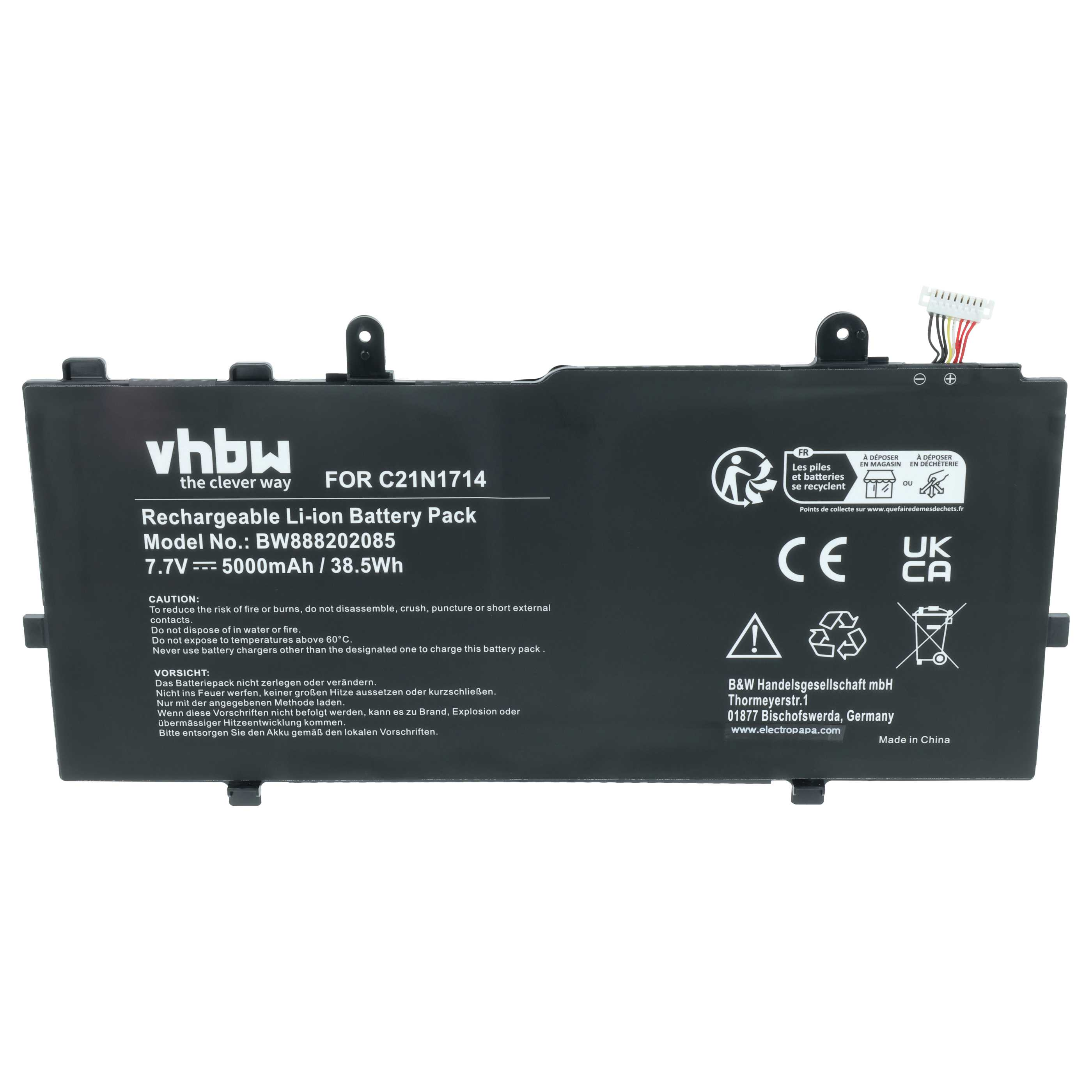 Schwarzer Laptop-Akku mit Aufschriften und Symbolen wie CE, UK CA und Recycling.