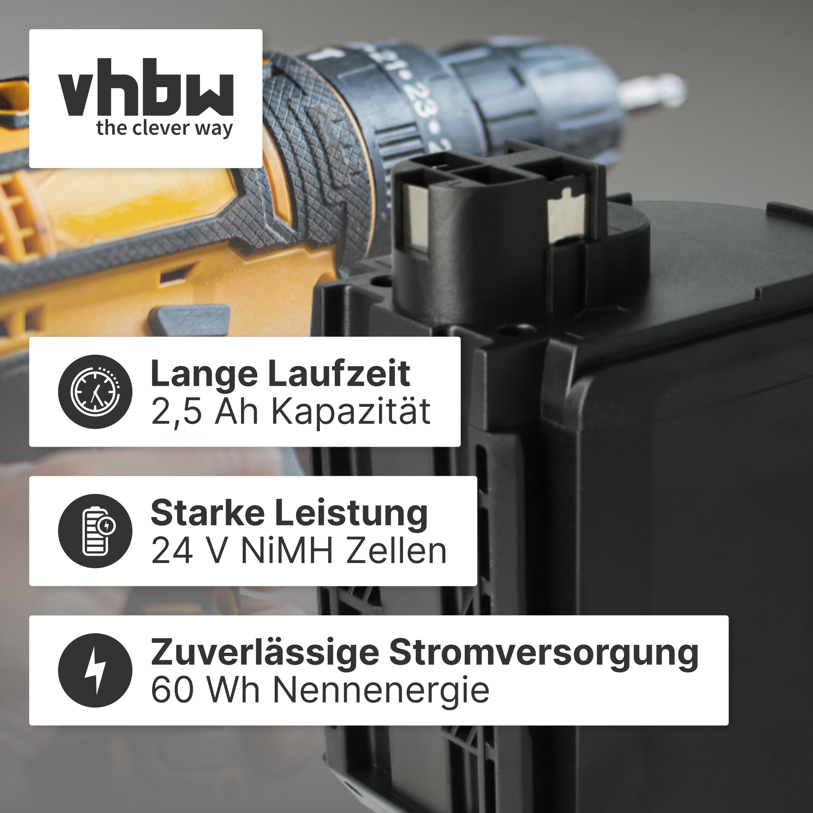 Ein Werkzeugakku mit 2,5 Ah, 24 V NiMH-Zellen und 60 Wh Nennenergie.