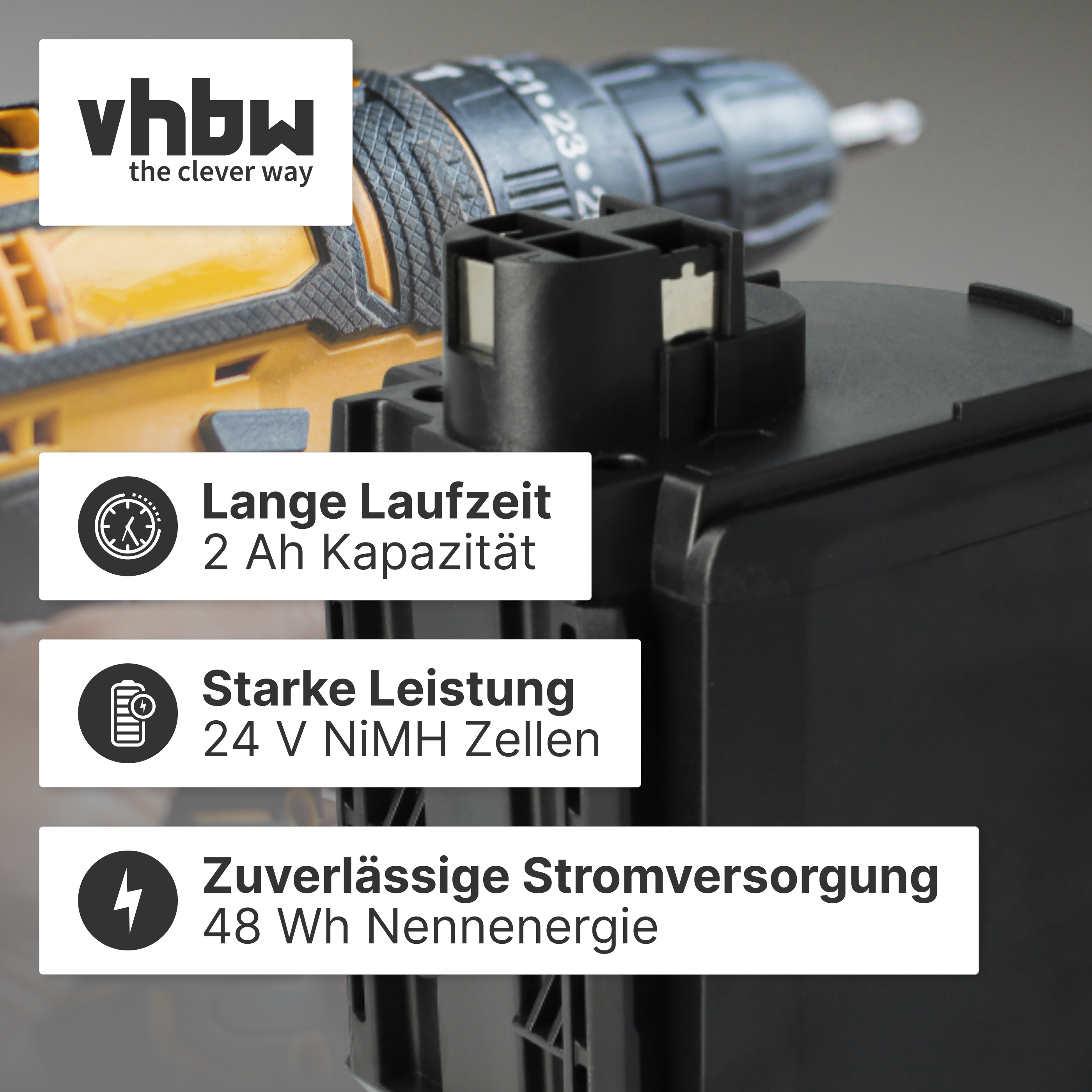 Schwarzer Akku mit Werkzeug, zeigt Laufzeit, Leistung und Energie.