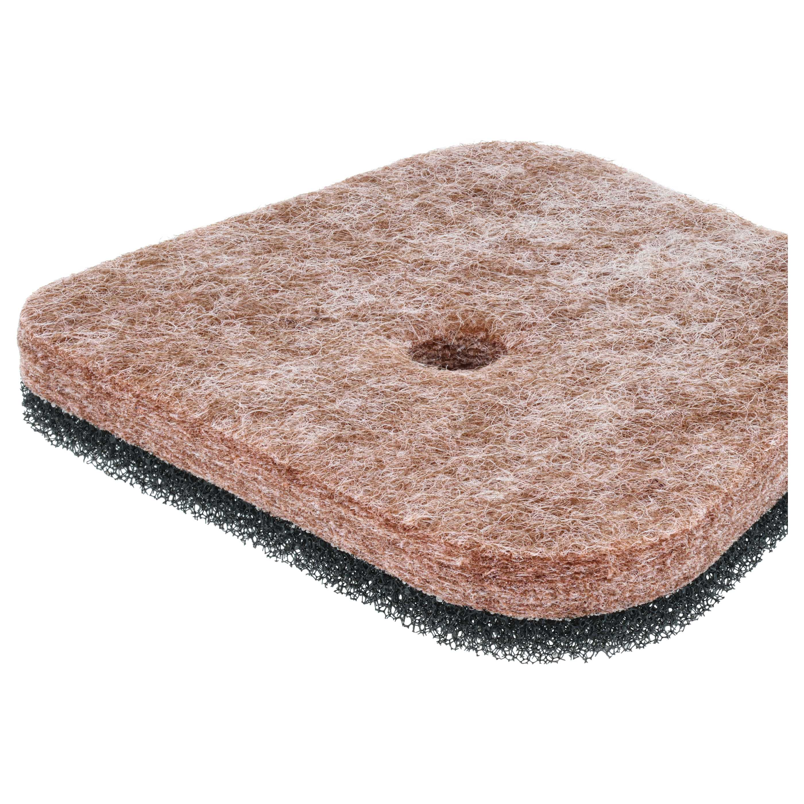 Eine rechteckige braune Bürste mit einem schwarzen Schaumstoffboden, auf weißem Hintergrund.
