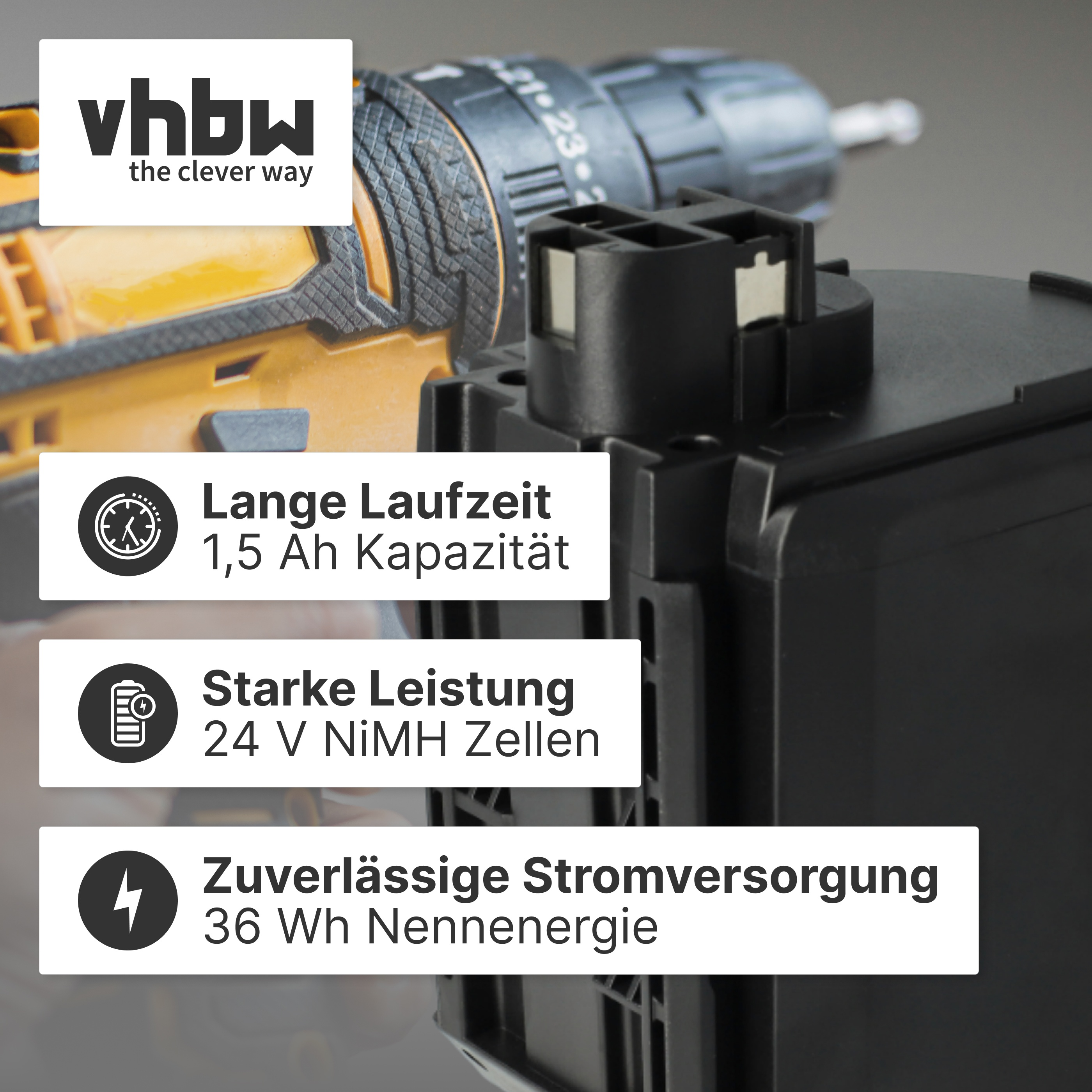 Batteriepack mit Werkzeug. 1,5 Ah Kapazität, 24 V, 36 Wh.