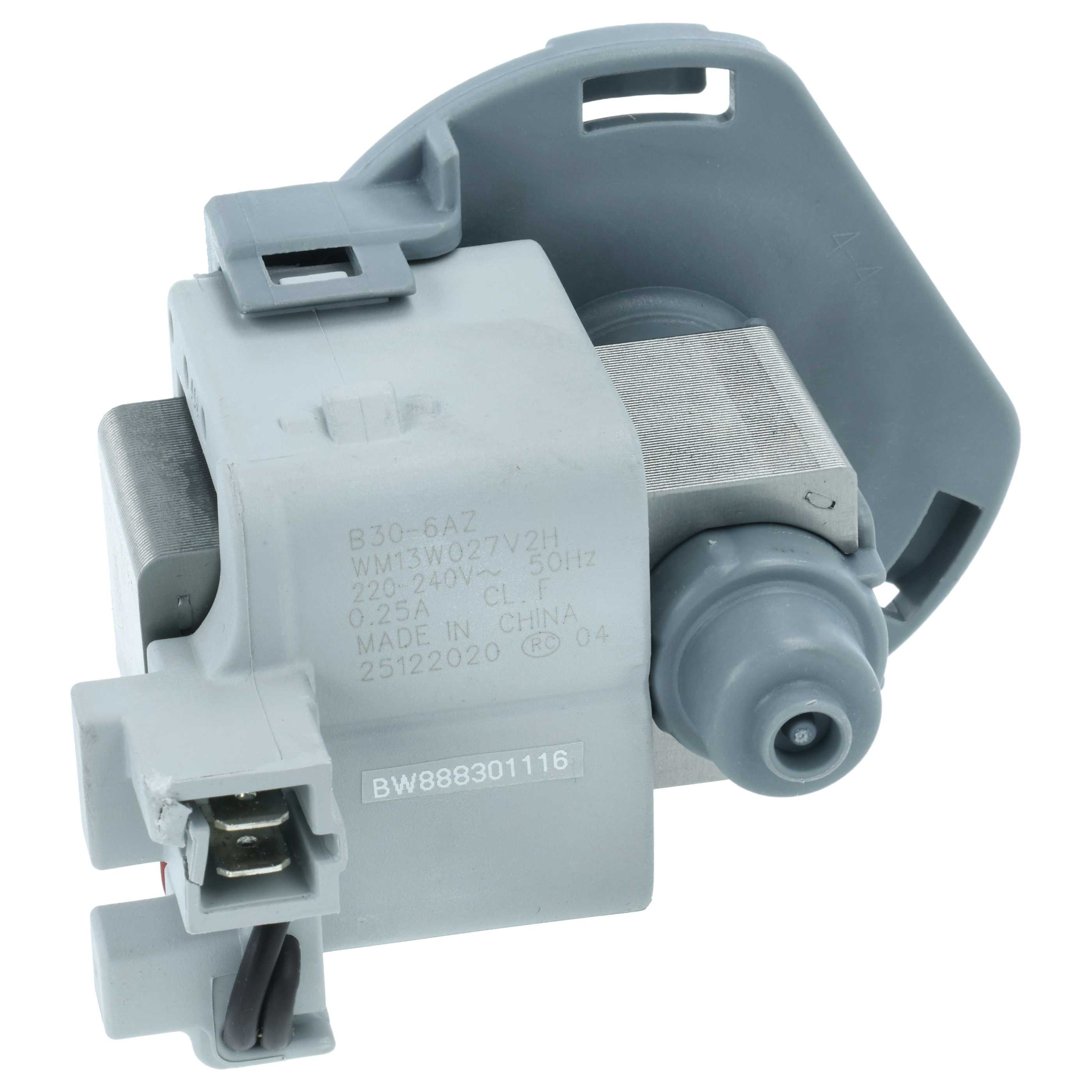Grauer Pumpenmotor mit Beschriftung und Kabeln.