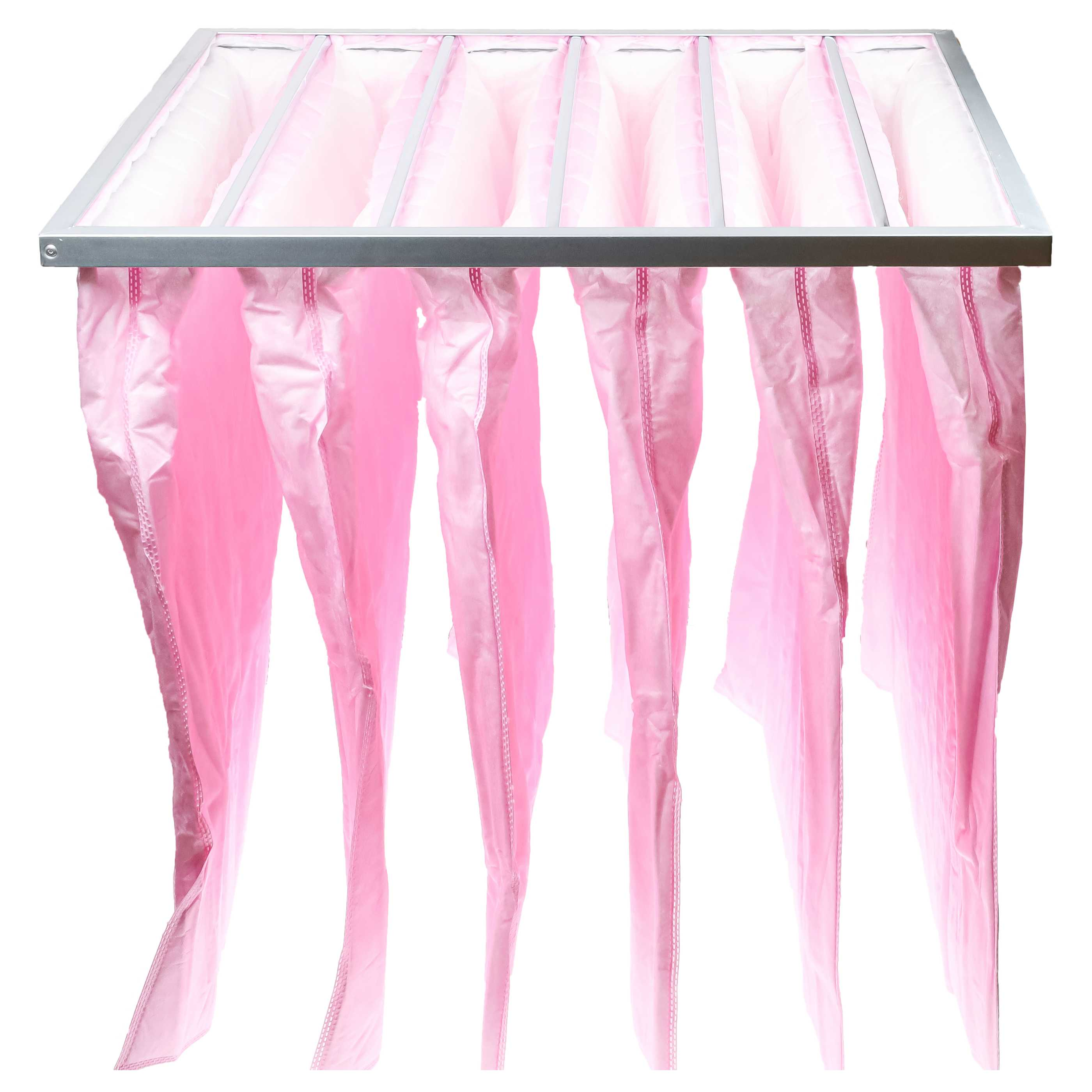 Ein silberner Rahmen mit hängenden rosa Taschenfiltern, isoliert auf weißem Hintergrund.
