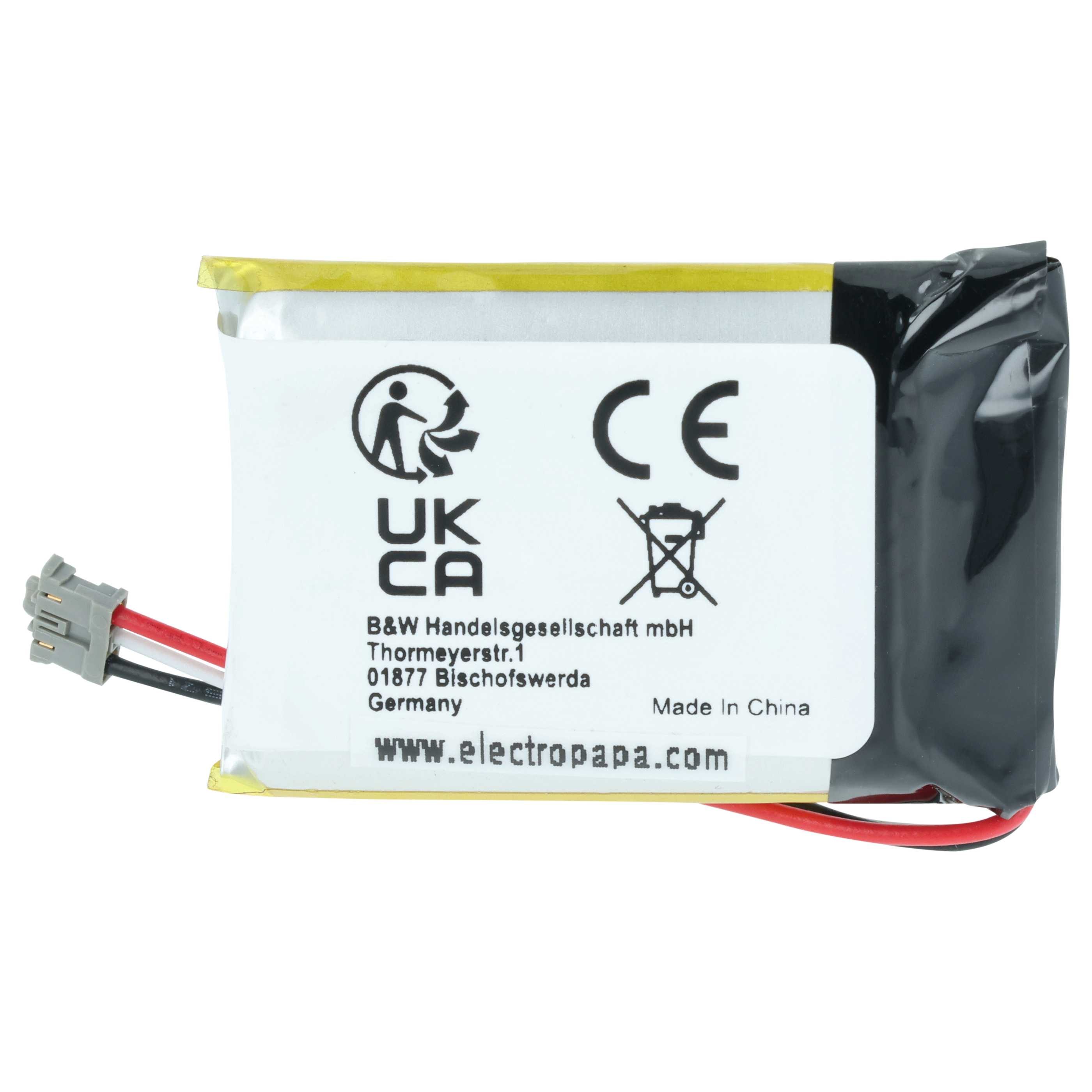 Ein Lithium-Polymer-Akku mit Kabeln und Kennzeichnungen wie UK CA und CE.
