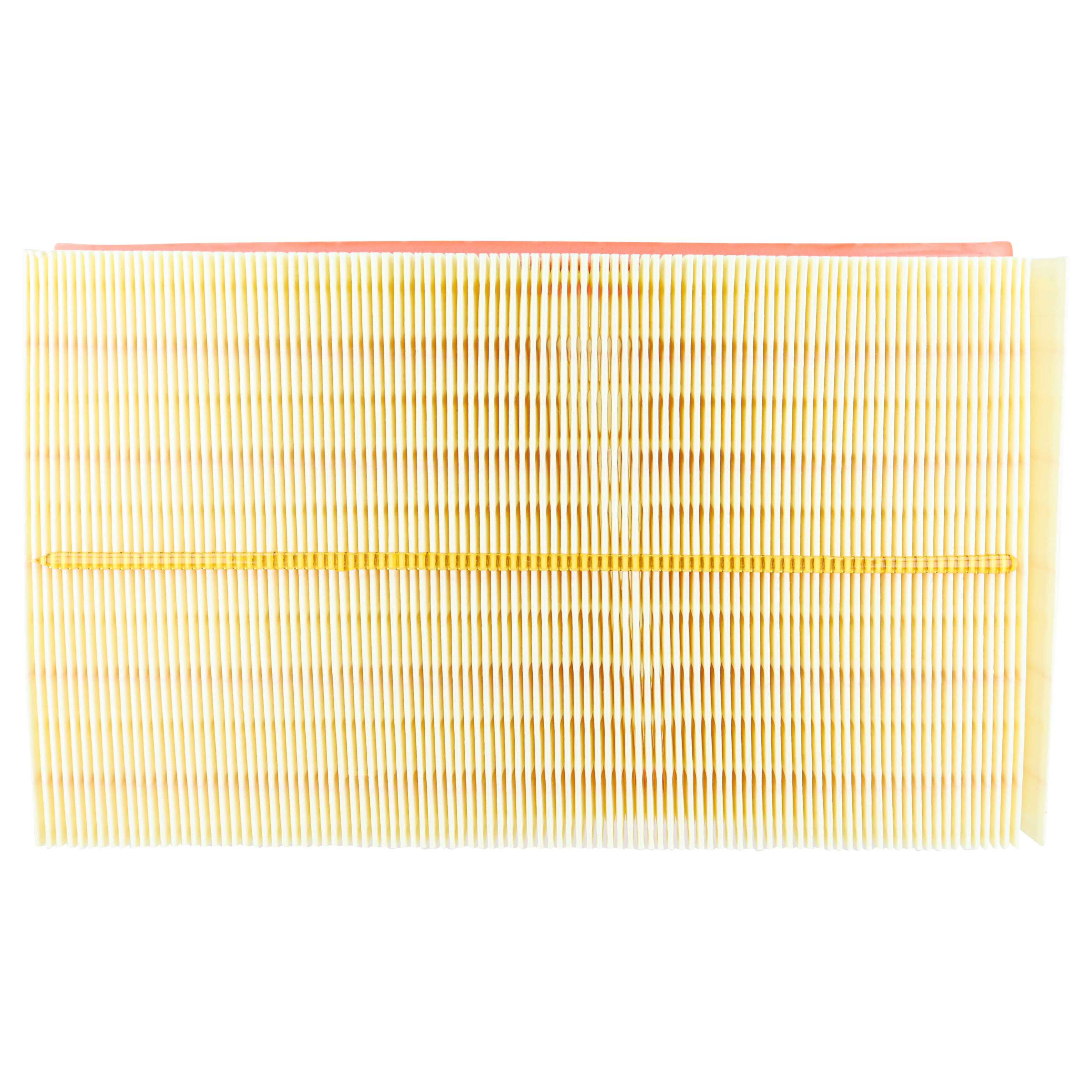 Ein rechteckiger Luftfilter mit gelbem Faltenpapier und rotem Rahmen.