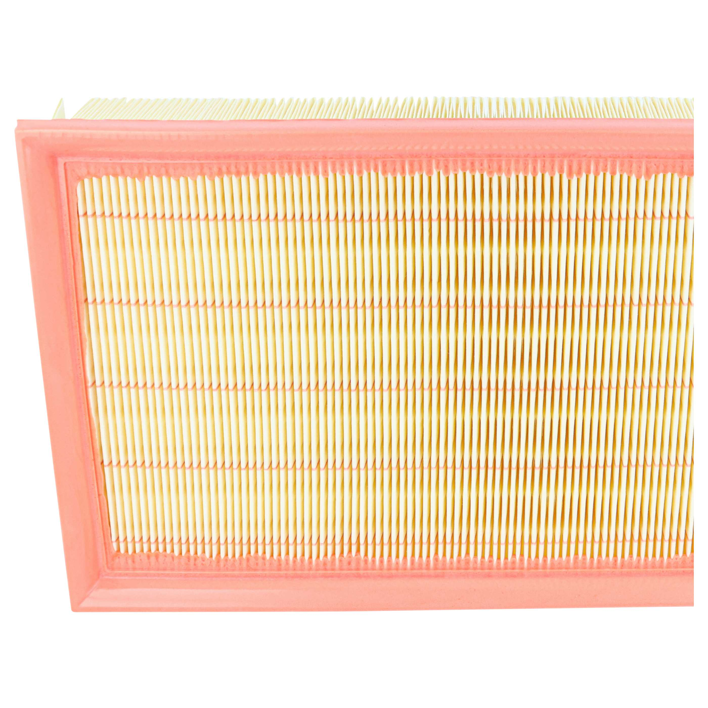 Ein rechteckiger Luftfilter mit rosa Rahmen und gelbem Filtermedium.