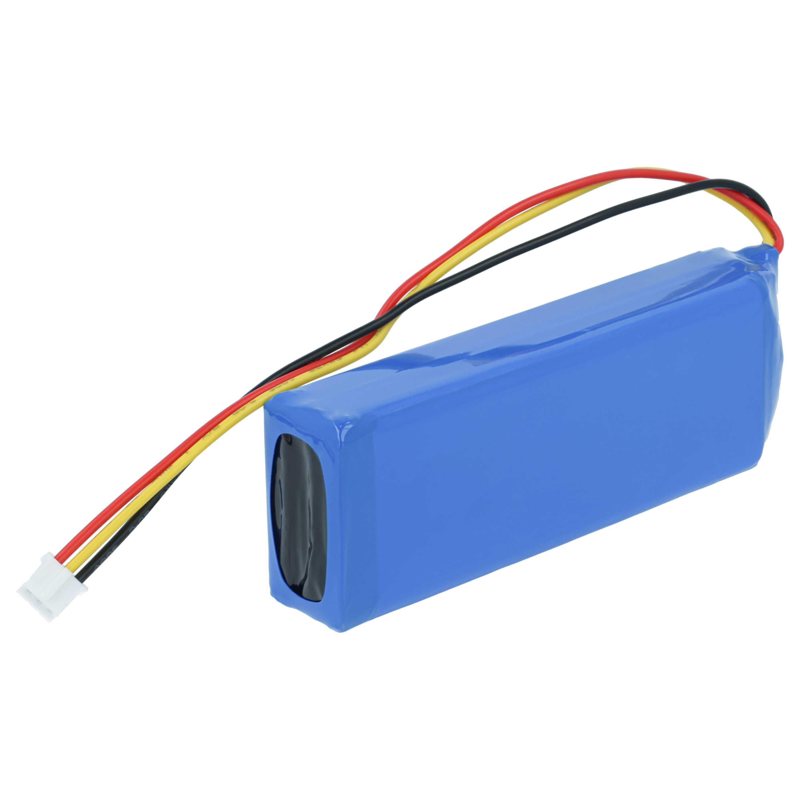 Ein blauer Akku mit roten, gelben und schwarzen Kabeln und einem weißen Stecker.